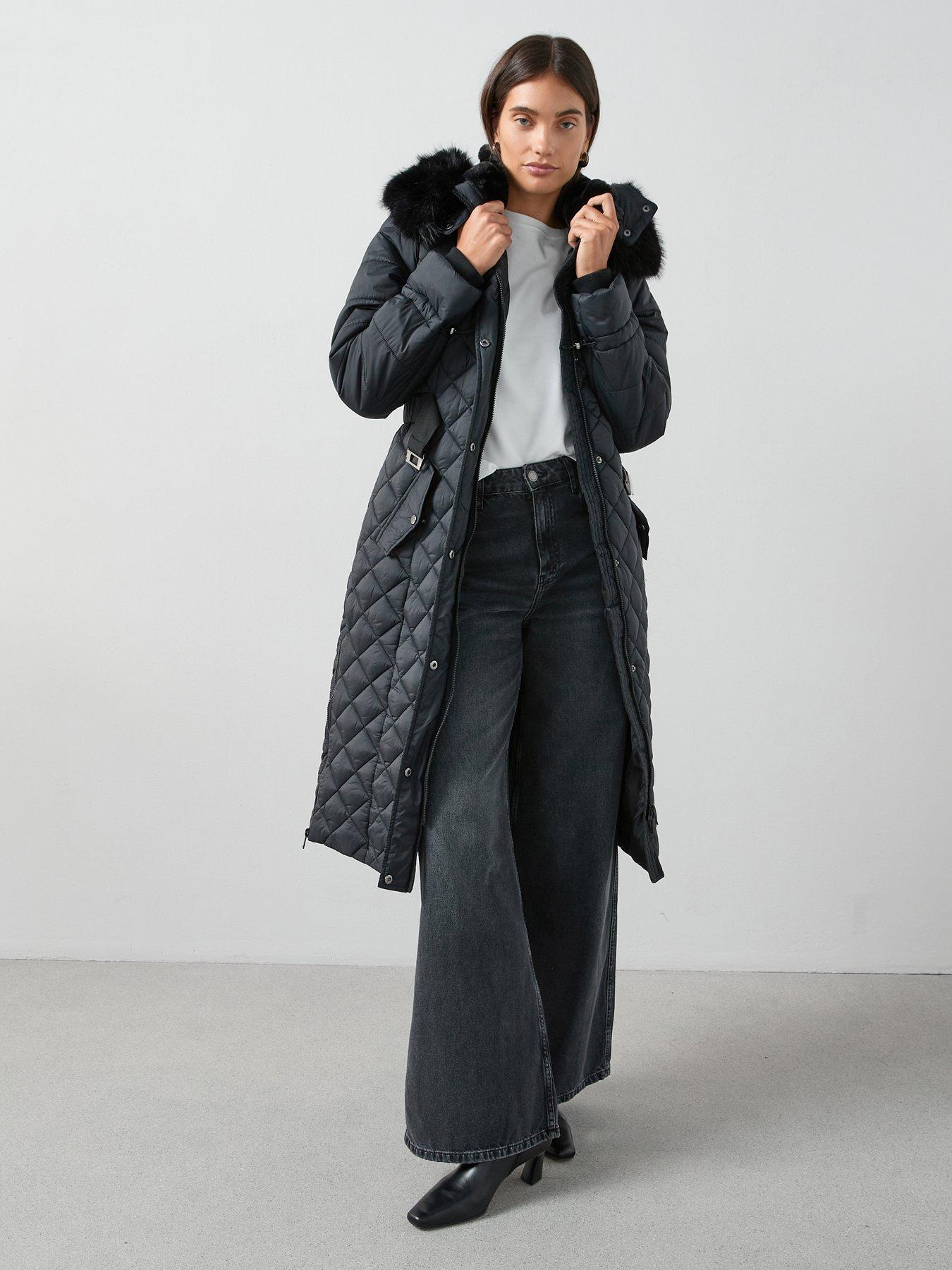 V by Very Faux Fur Trim Belted Padded Coat - Black