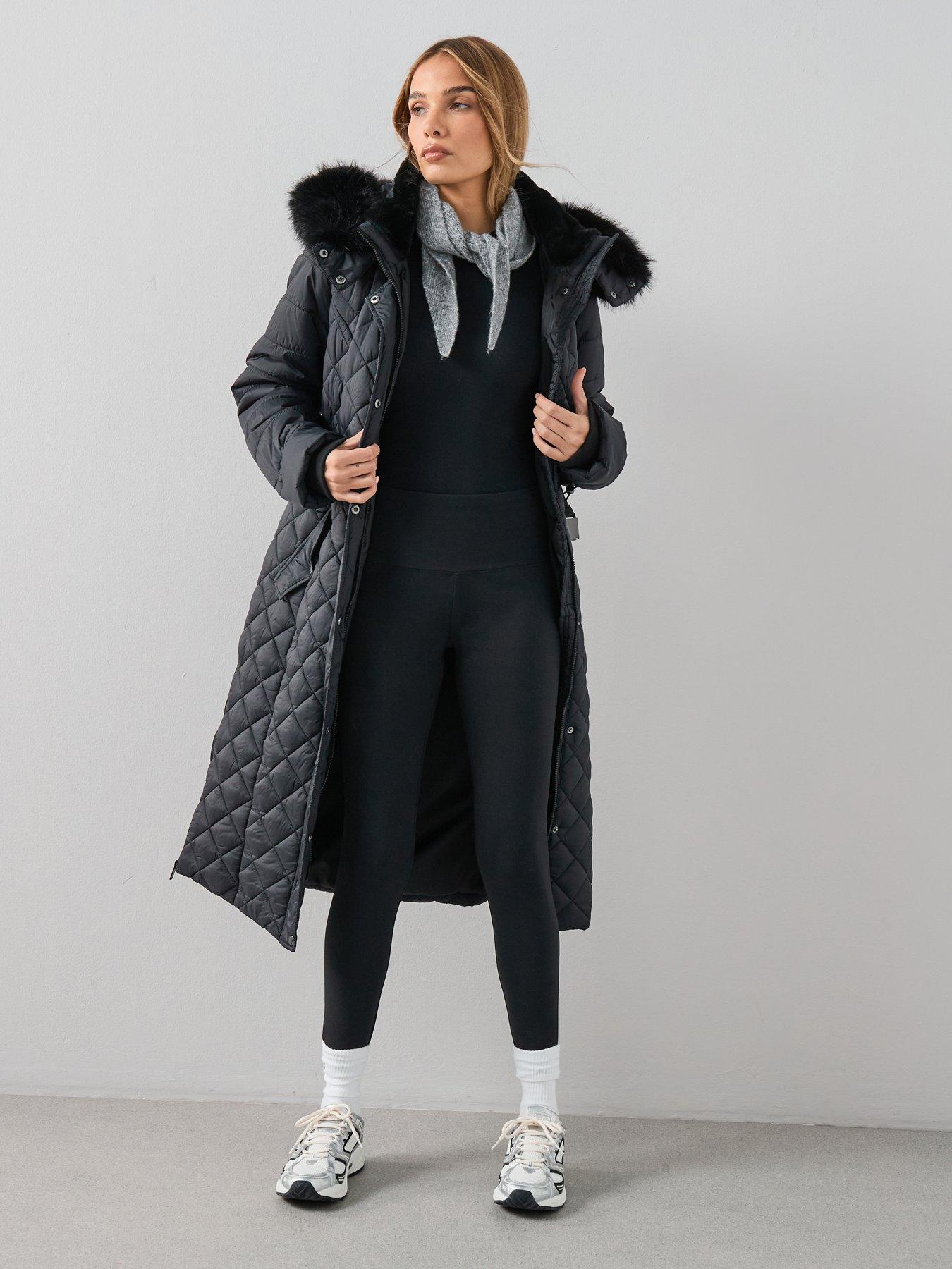 V by Very Faux Fur Trim Belted Padded Coat - Black