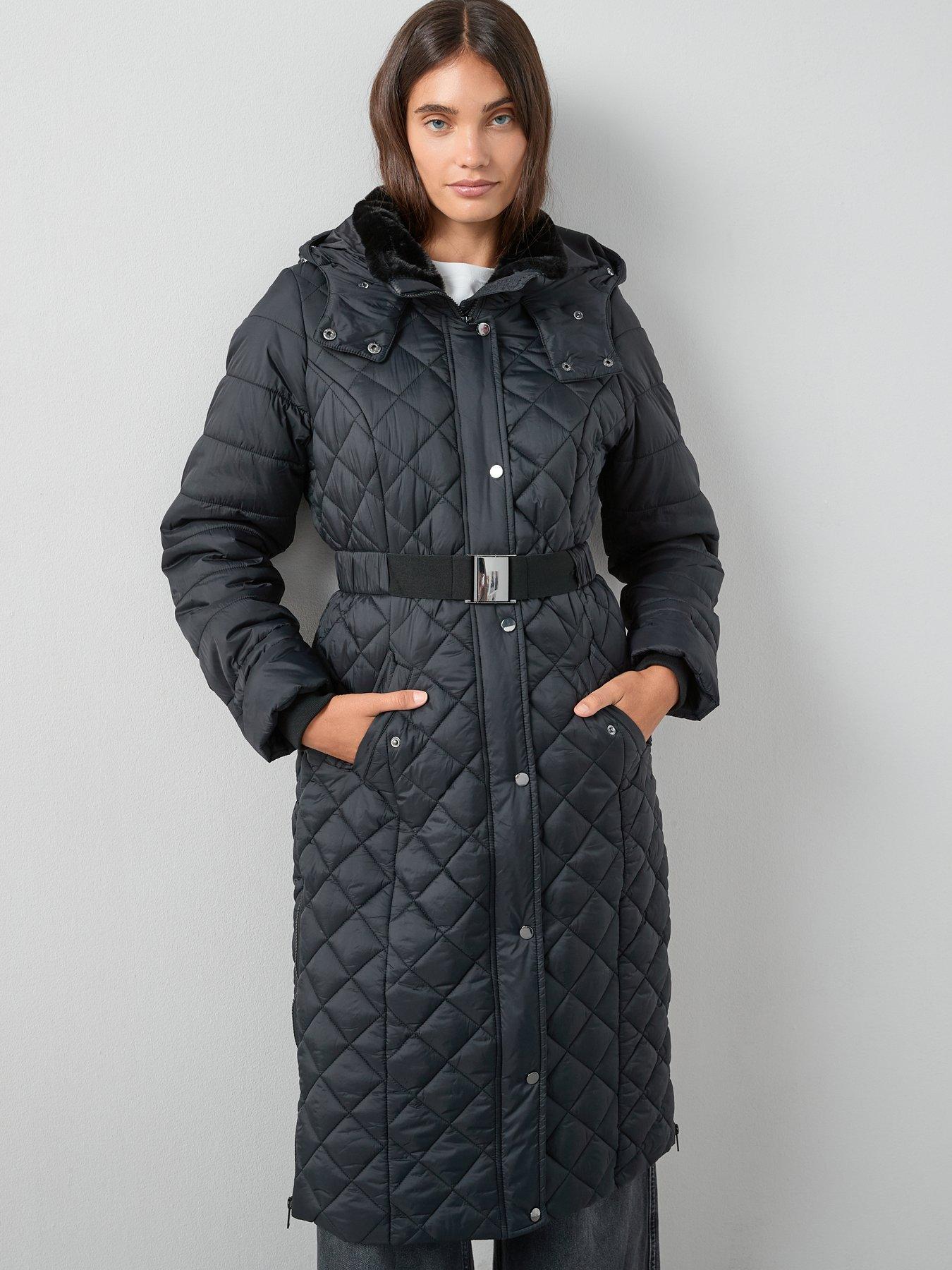 V by Very Faux Fur Trim Belted Lightweight Padded Coat - Black