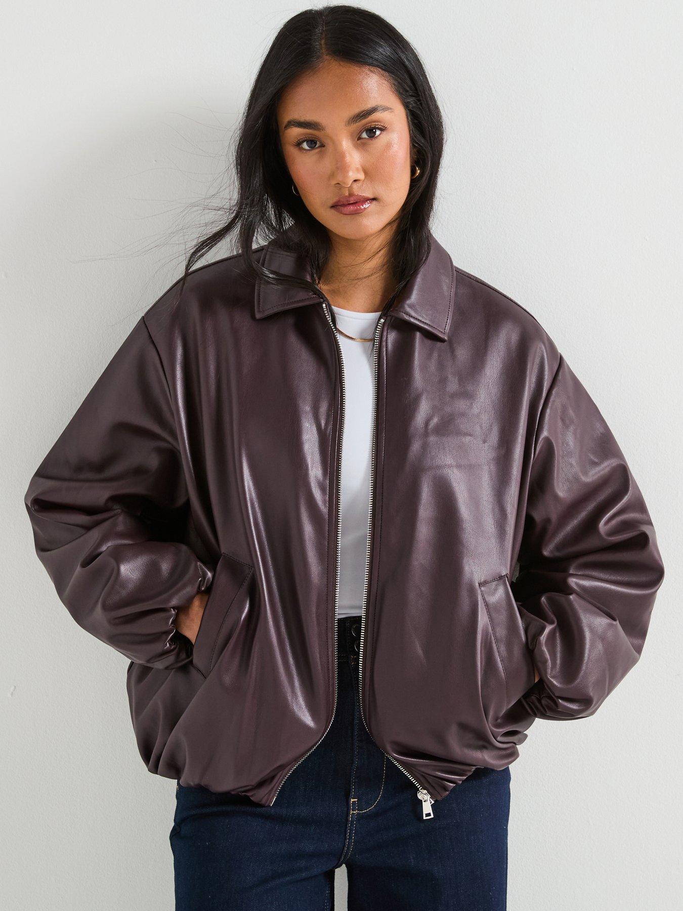 undefined Faux Leather Balloon Hem Jacket - Dark Red