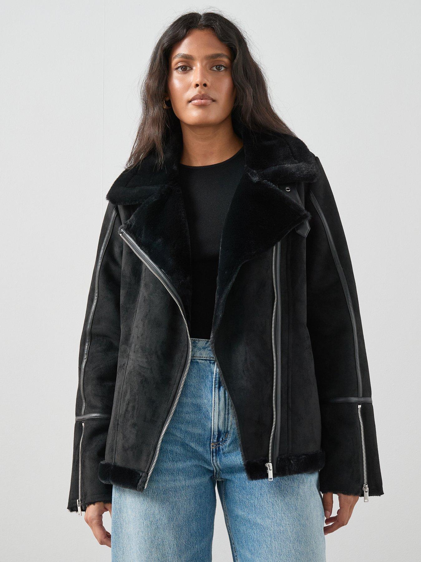 V by Very Faux Shearling Aviator Jacket - Black