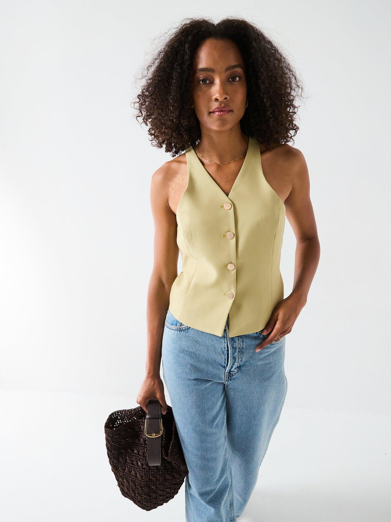 V by Very: 90's Neck Waistcoat - Green