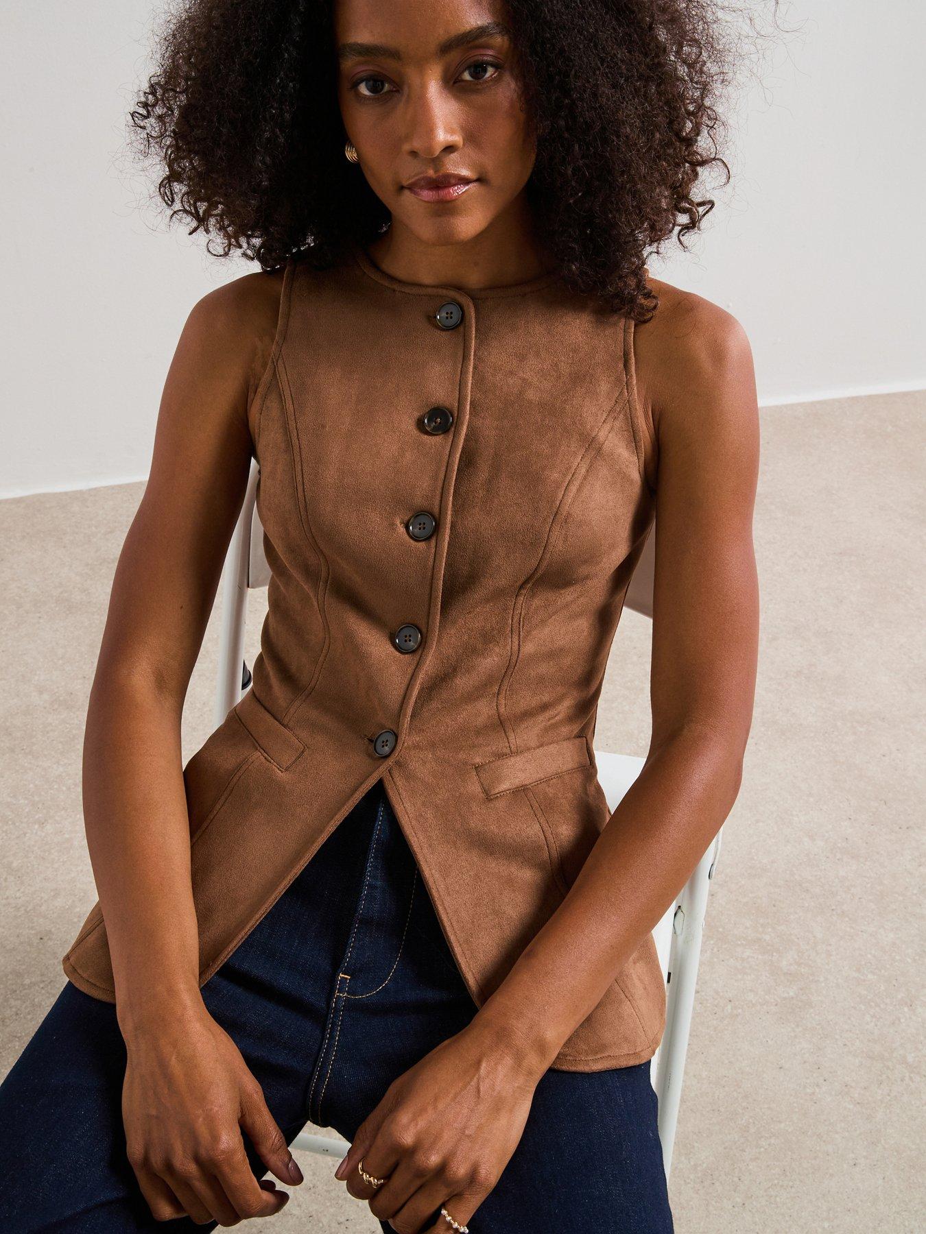 undefined Faux Suede Round Neck Waistcoat - Beige