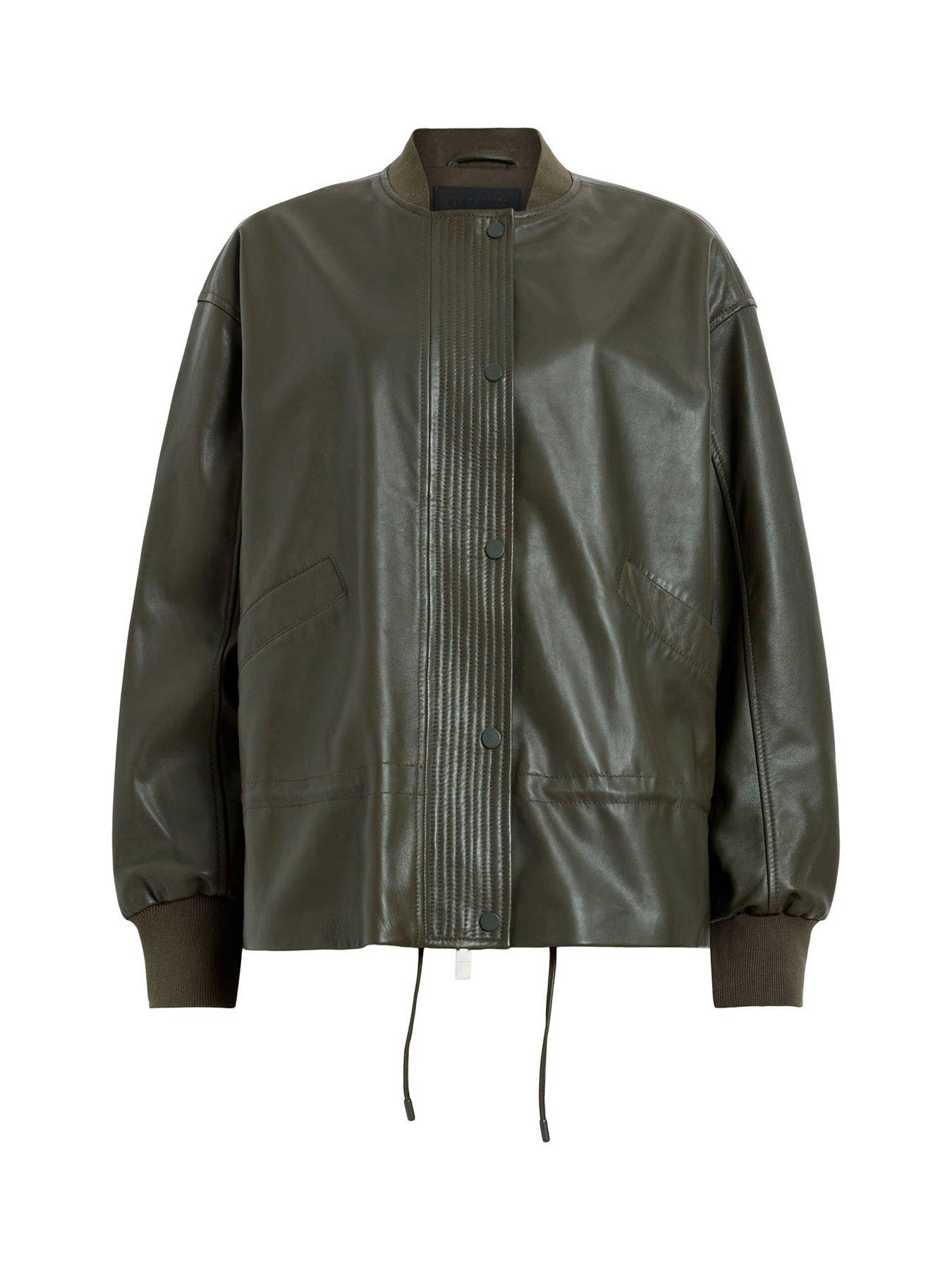 AllSaints Sofi Drawstring Leather Bomber Jacket Green Very