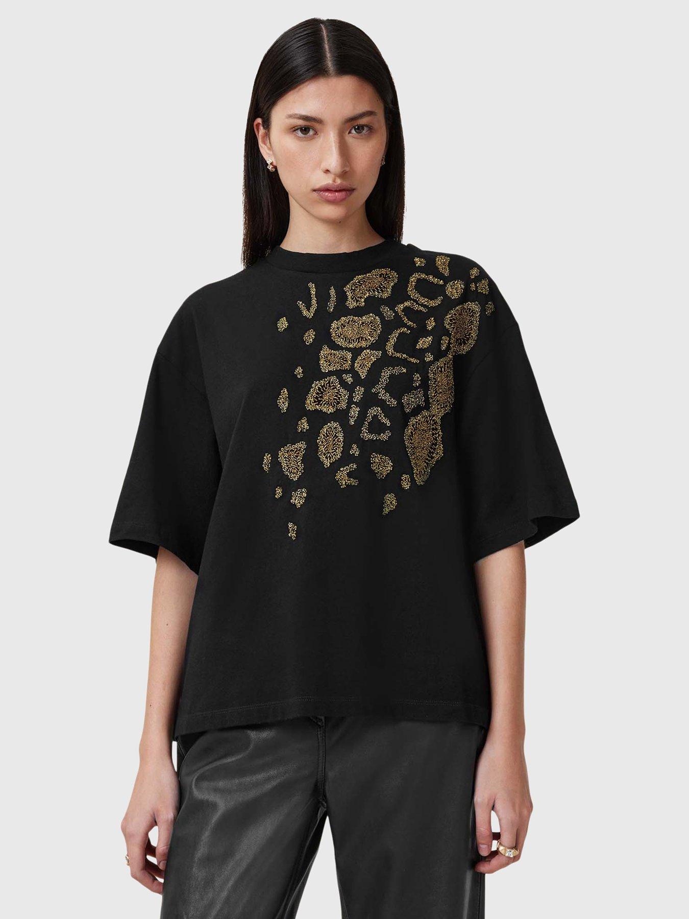 Image 1 of 6 of AllSaints Amelie Flow Embellished T-shirt - Black
