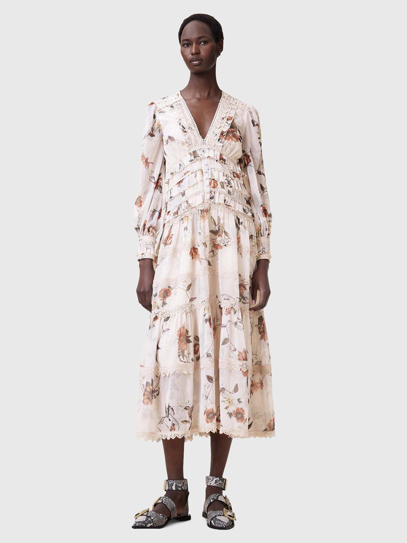 AllSaints Zora Floral Ruffle Midi Dress - White | Very