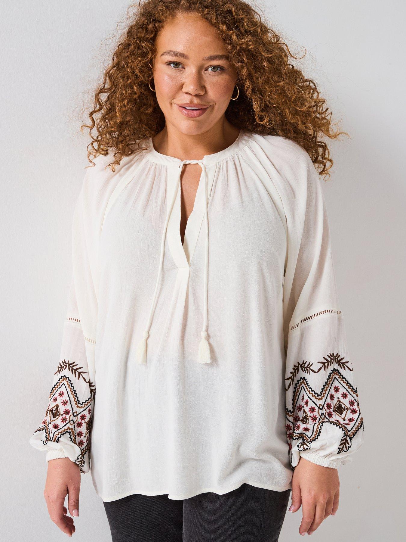 undefined Embroidered Long Sleeve Tassel Trim Blouse - Cream