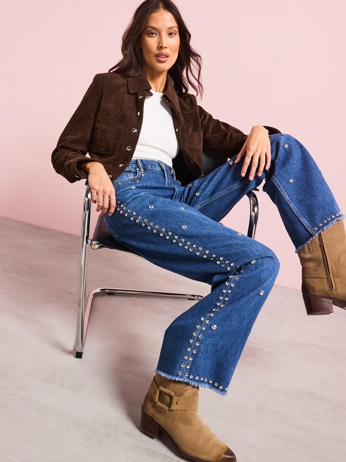 undefined Blake Studded Wide Leg Denim Jeans - Blue