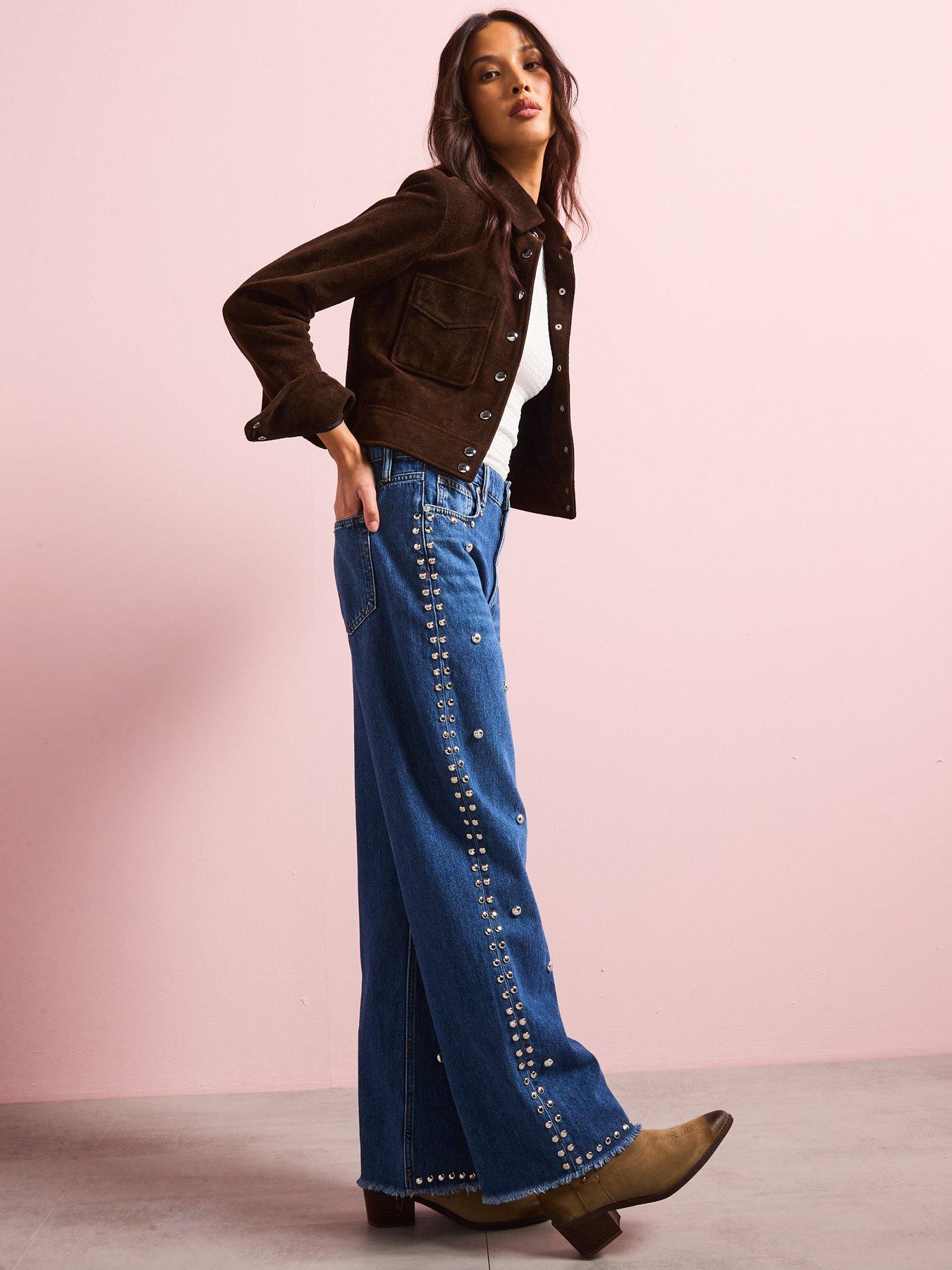 Jeans Femme Kippys - Taille 30x33.5, Marron, Paillettes Et Clous, Style Rock Biker
