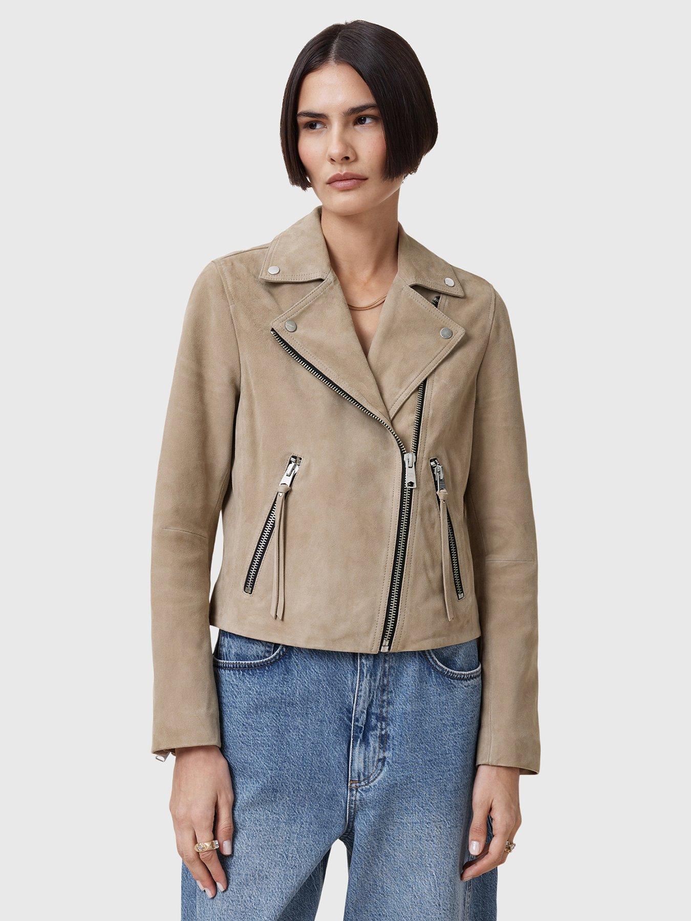 AllSaints Dalby Slim Fit Suede Biker Jacket Beige Very