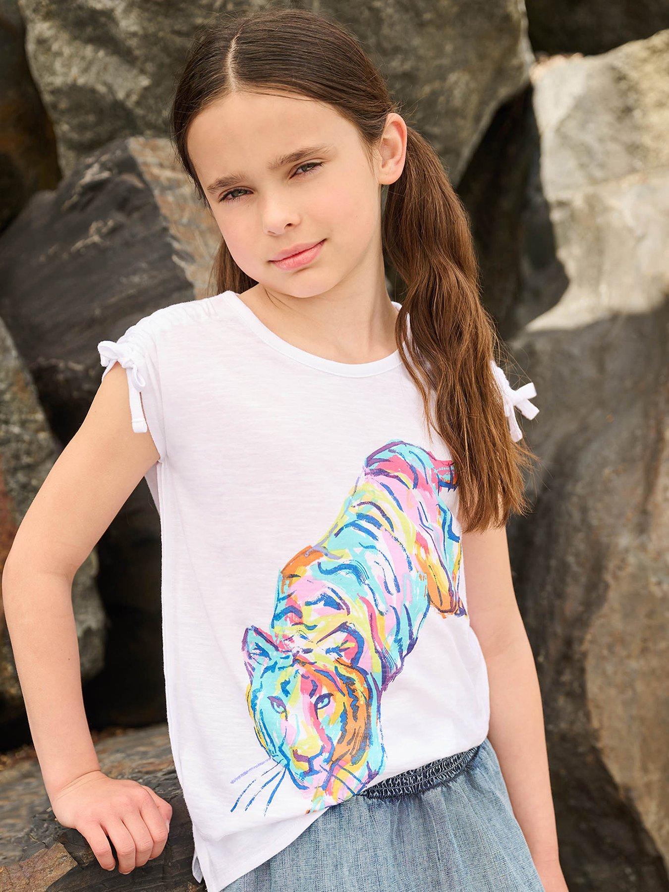 undefined Girls Tiger Cinched Shoulder T-Shirt - White