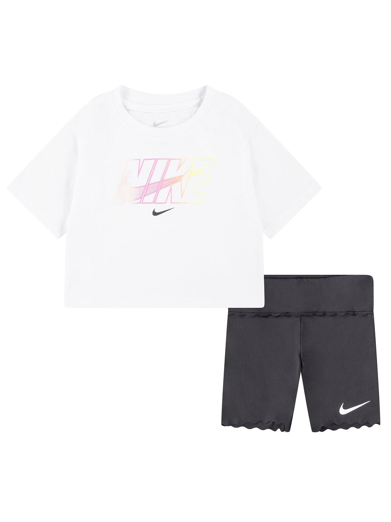 Nike Kids Girls Swoosh S/s T-shirt And Bike Short Set - Grey/white