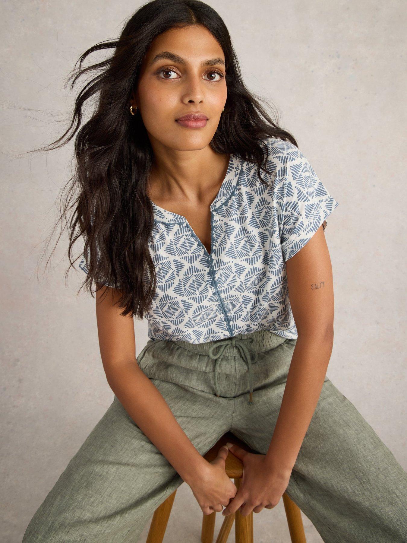 Image 4 of 6 of White Stuff Nelly Notch Embroidered Tee - Blue