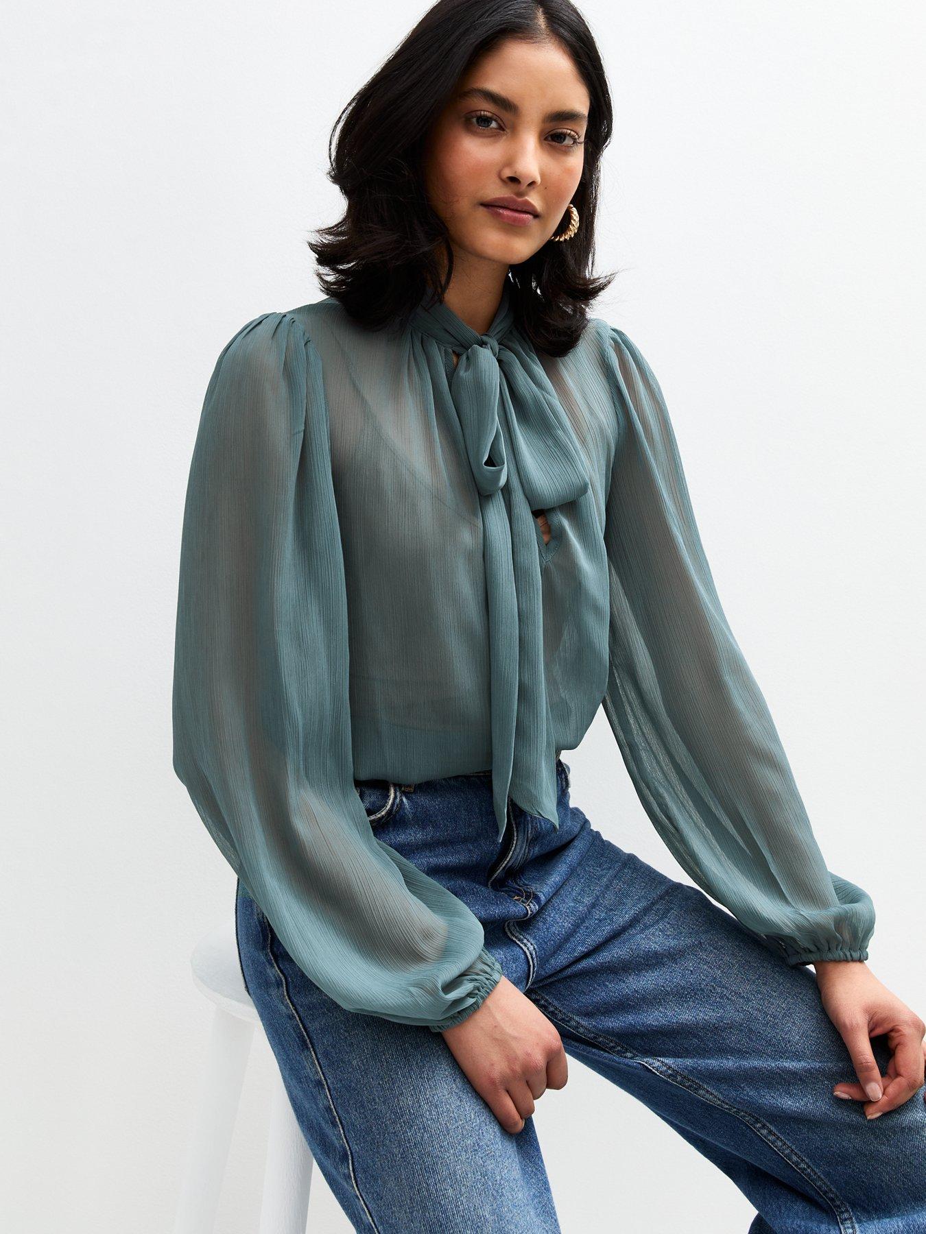 undefined Crinkled Pussybow Blouse - Blue