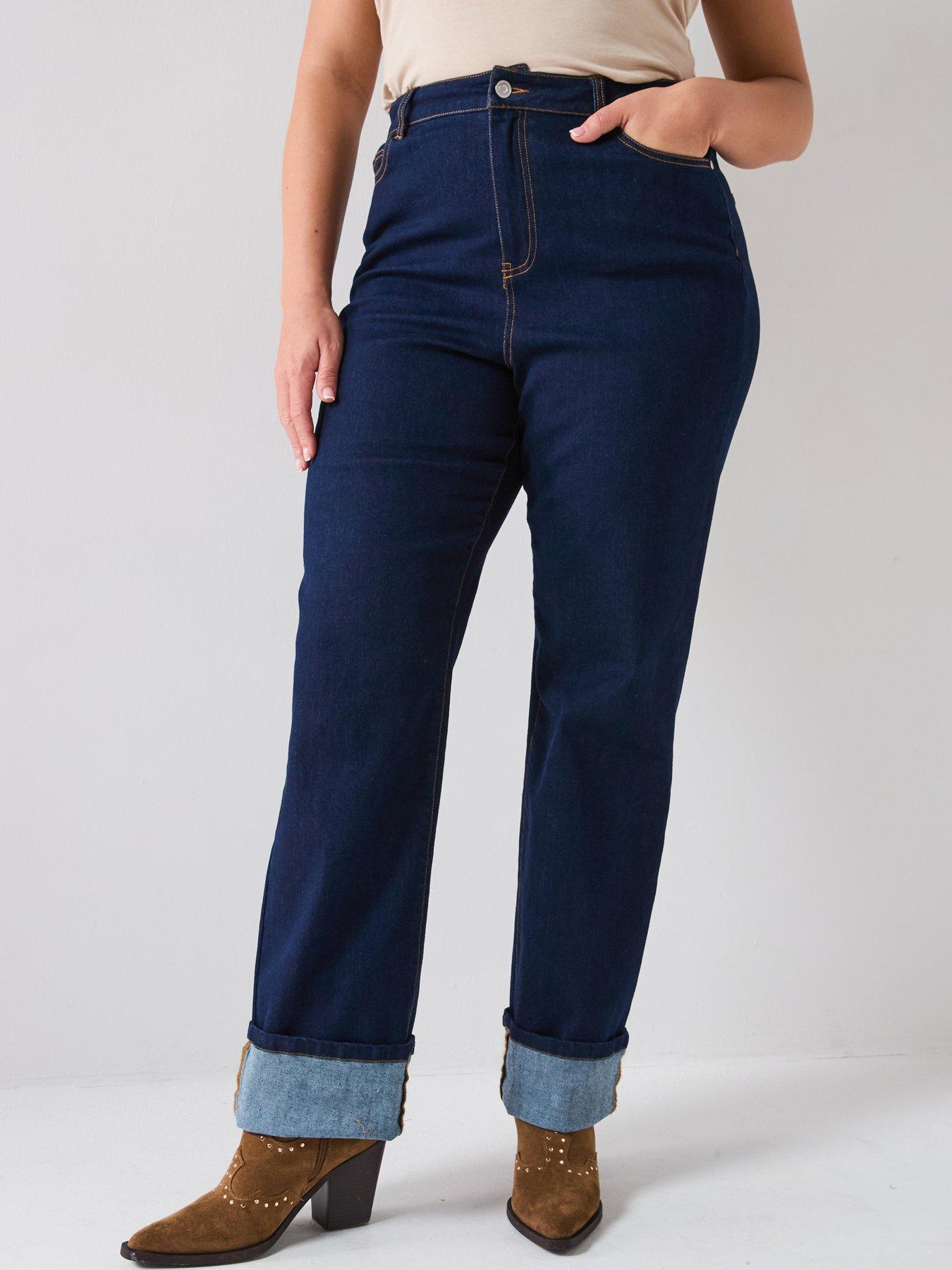 undefined High Waisted Stretch Turn Up Straight Leg Jean - Dark Blue