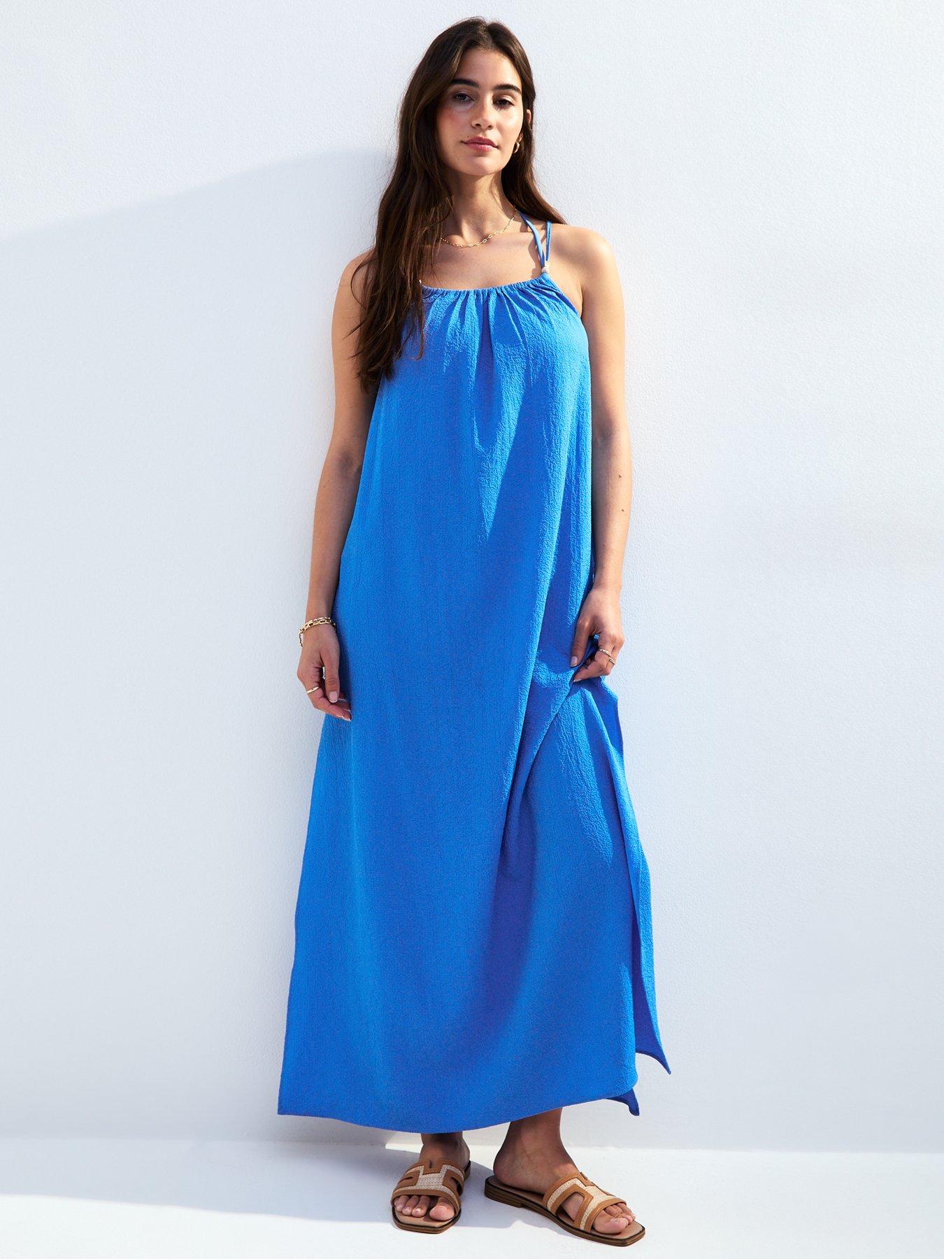 undefined Blue Textured Beaded Strap Beach Maxi Dress