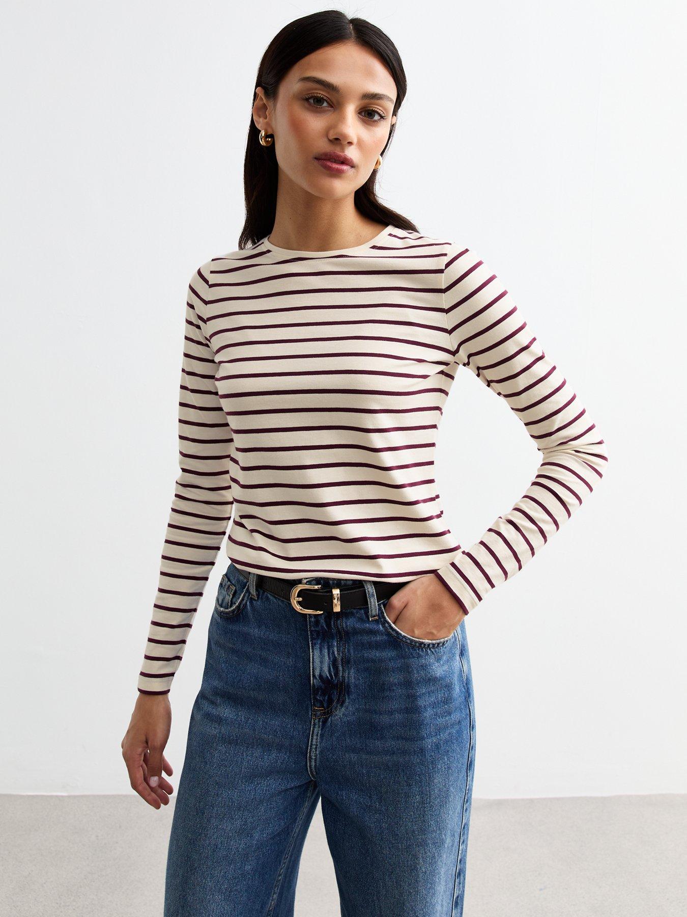 Image of New Look Cream Striped Long Sleeve Top