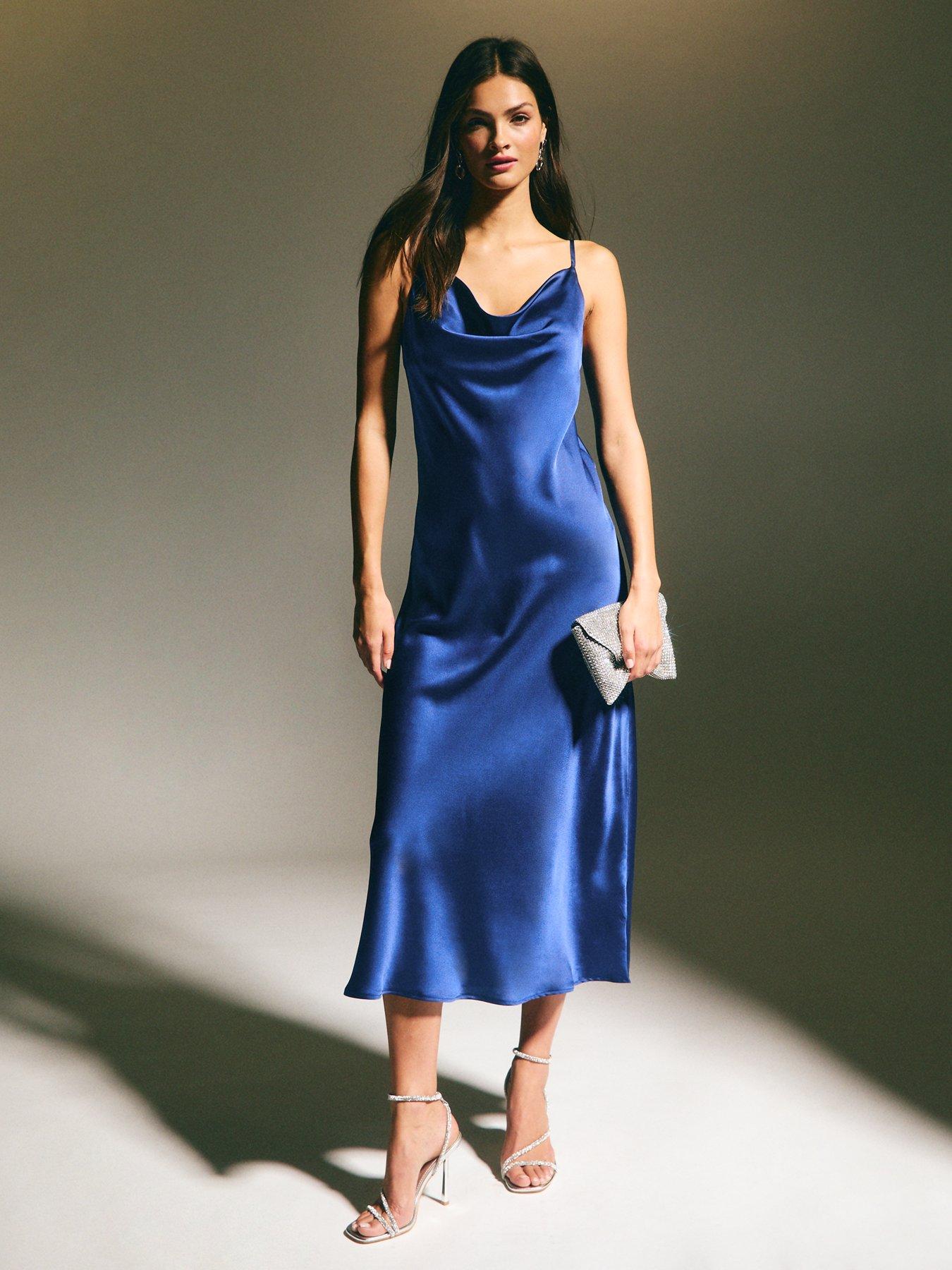 undefined Cowl Neck Satin Midi Dress - Blue