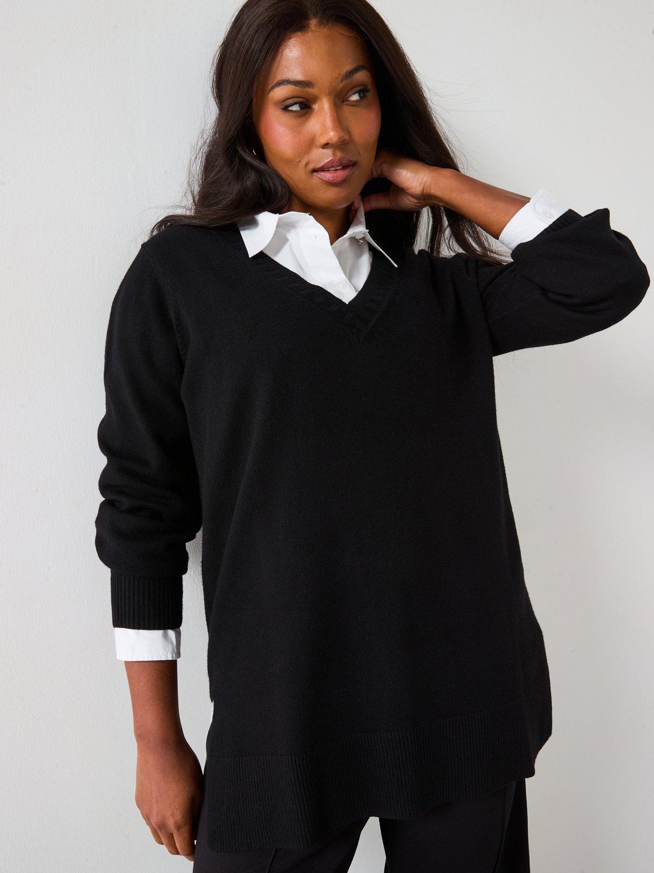 V by Very Curve Classic Comfort V Neck Split Hem Longline Jumper - Black