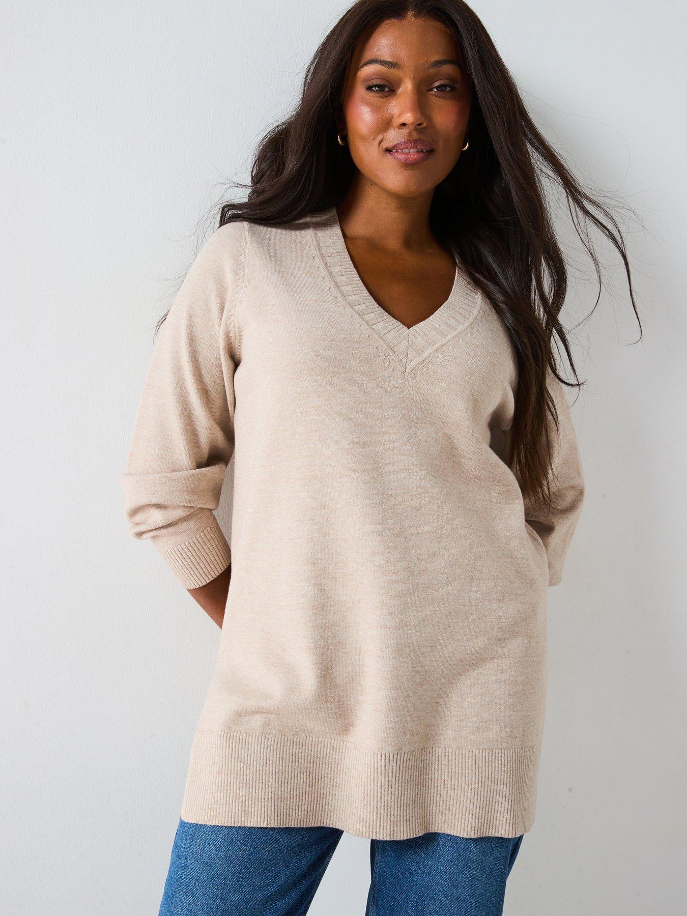 V by Very Curve Classic Comfort V Neck Split Hem Longline Jumper - Beige
