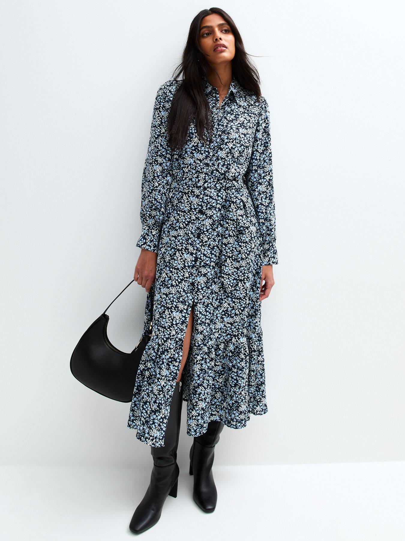 undefined Floral Print Tiered Midi Shirt Dress - Blue