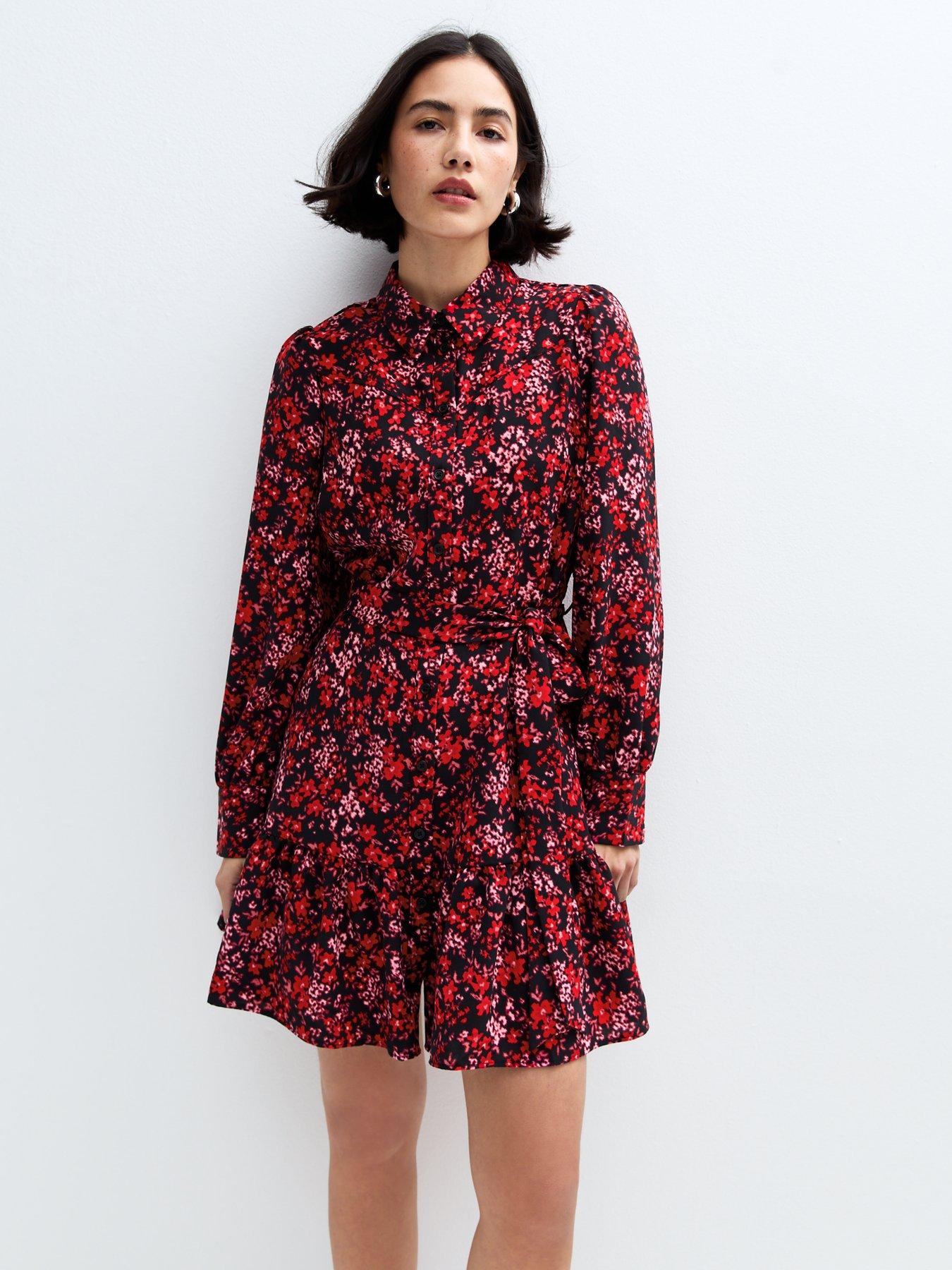undefined Floral Print High Collar Mini Shirt Dress - Red