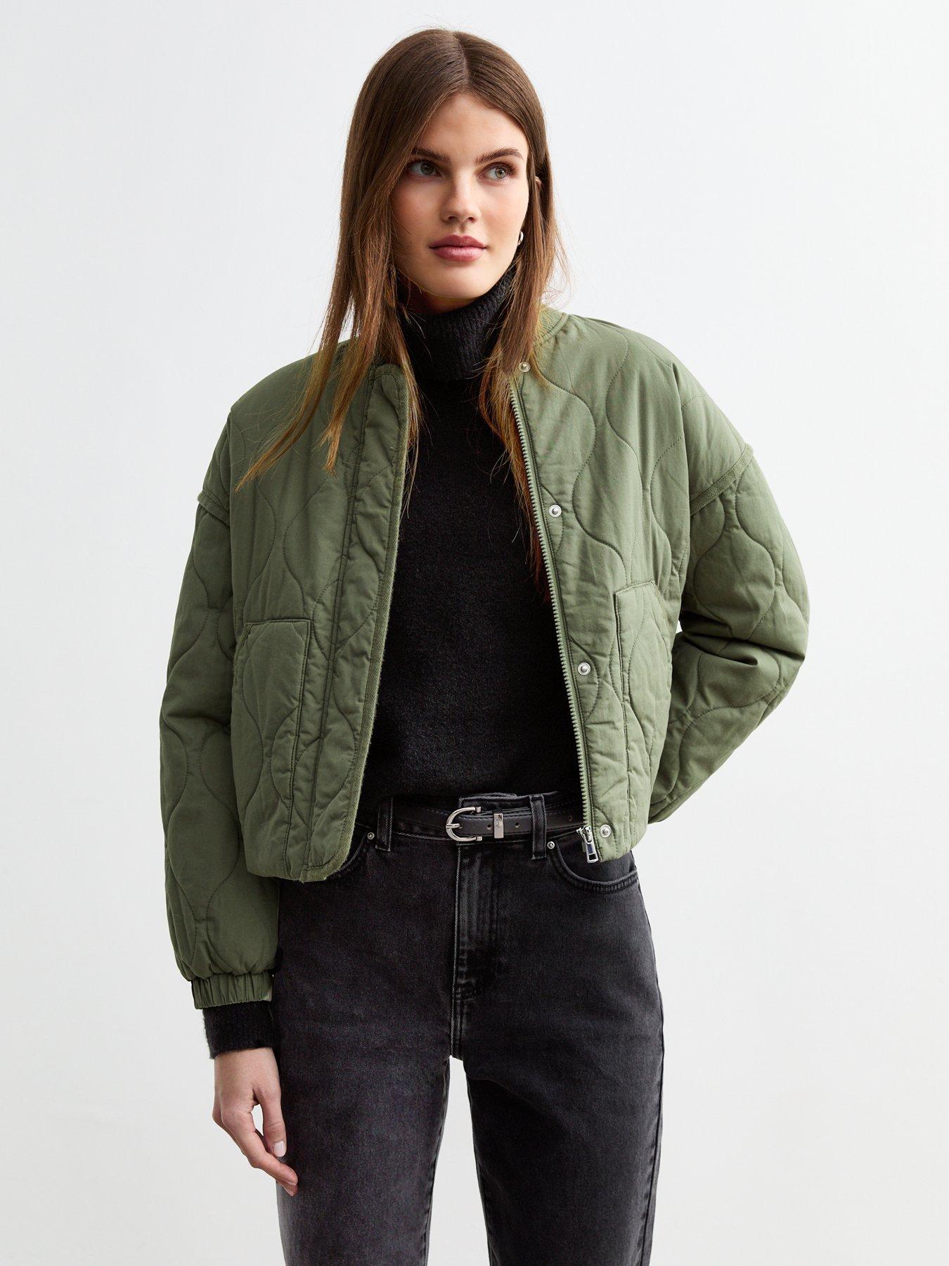 undefined Stitch Pattern Lightly Padded Bomber Jacket - Khaki
