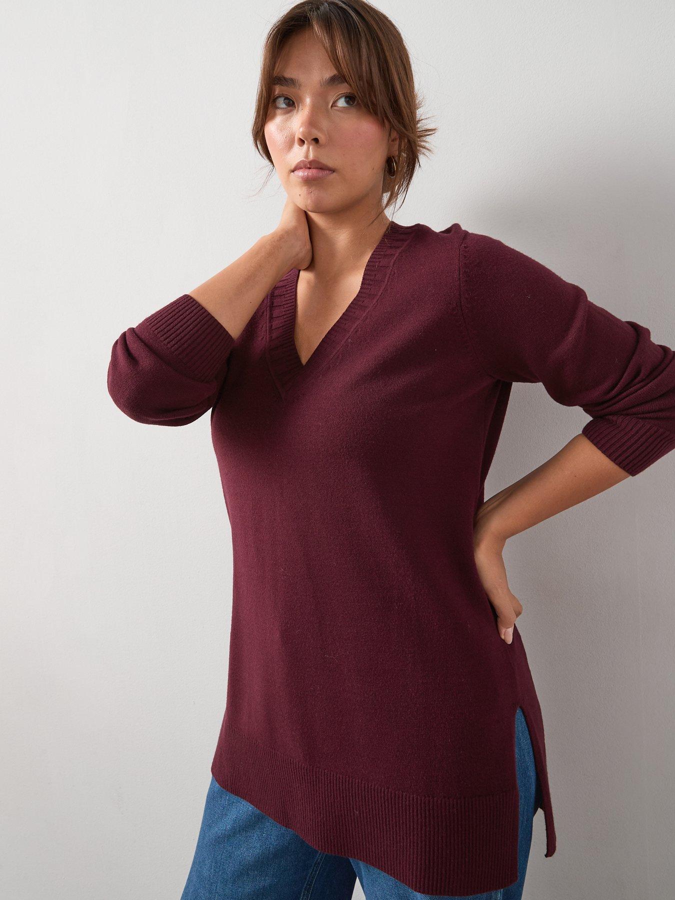V by Very Curve Classic Comfort V Neck Split Hem Longline Jumper - Red
