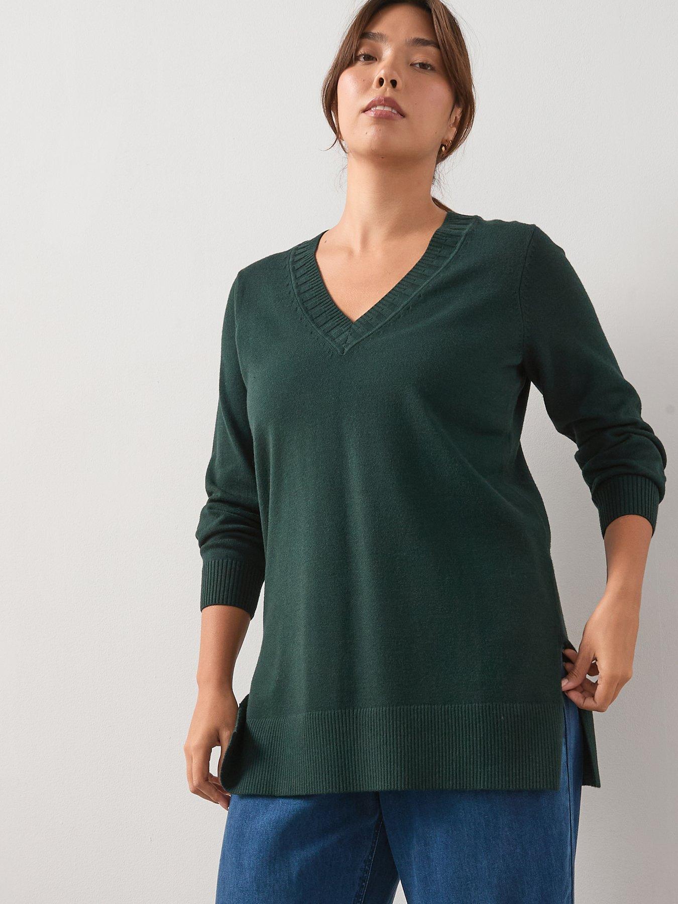 undefined Classic Comfort V Neck Split Hem Longline Jumper - Green