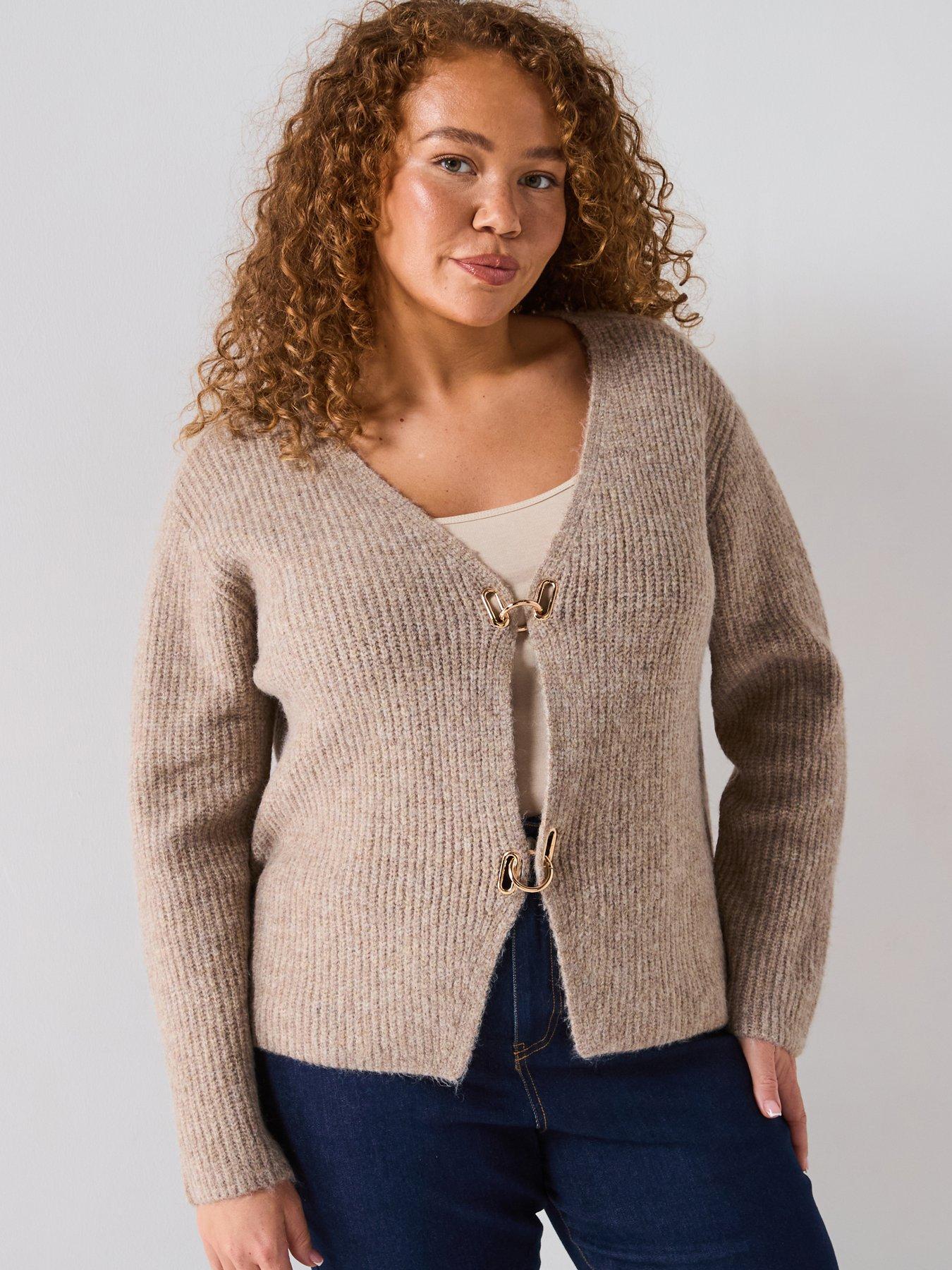 Image 1 of 6 of V by Very Curve Gold Trim Cardigan - Beige