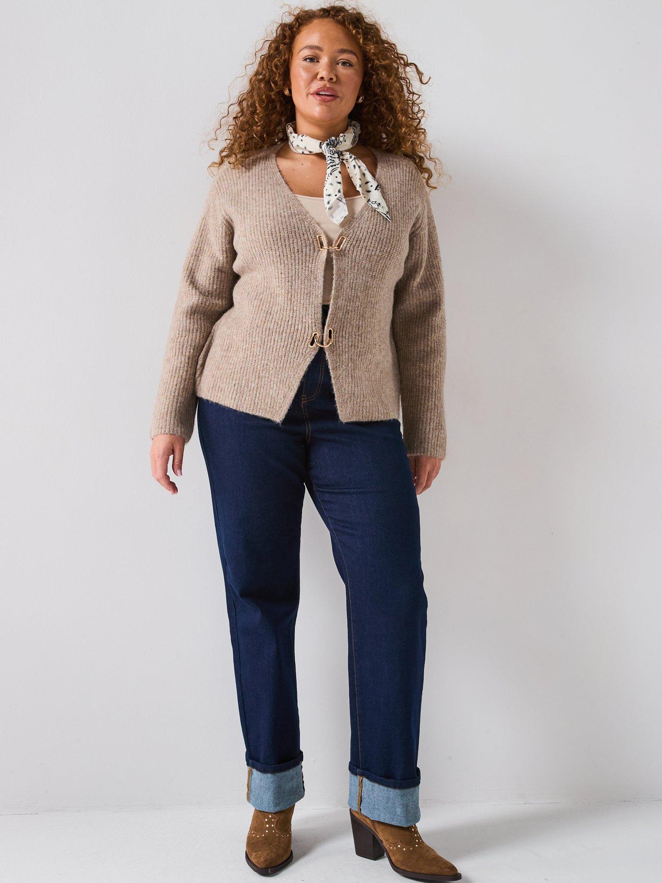 Image 6 of 6 of V by Very Curve Gold Trim Cardigan - Beige