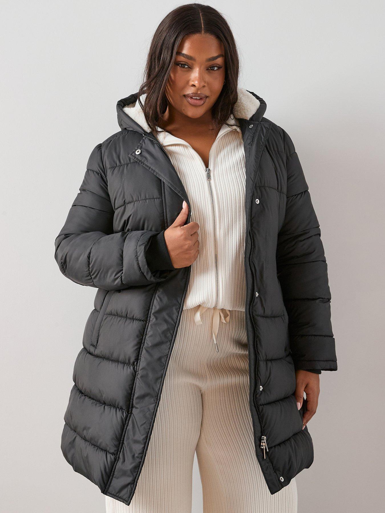 V by Very Curve Padded Waist Detail Puffer Coat - Black