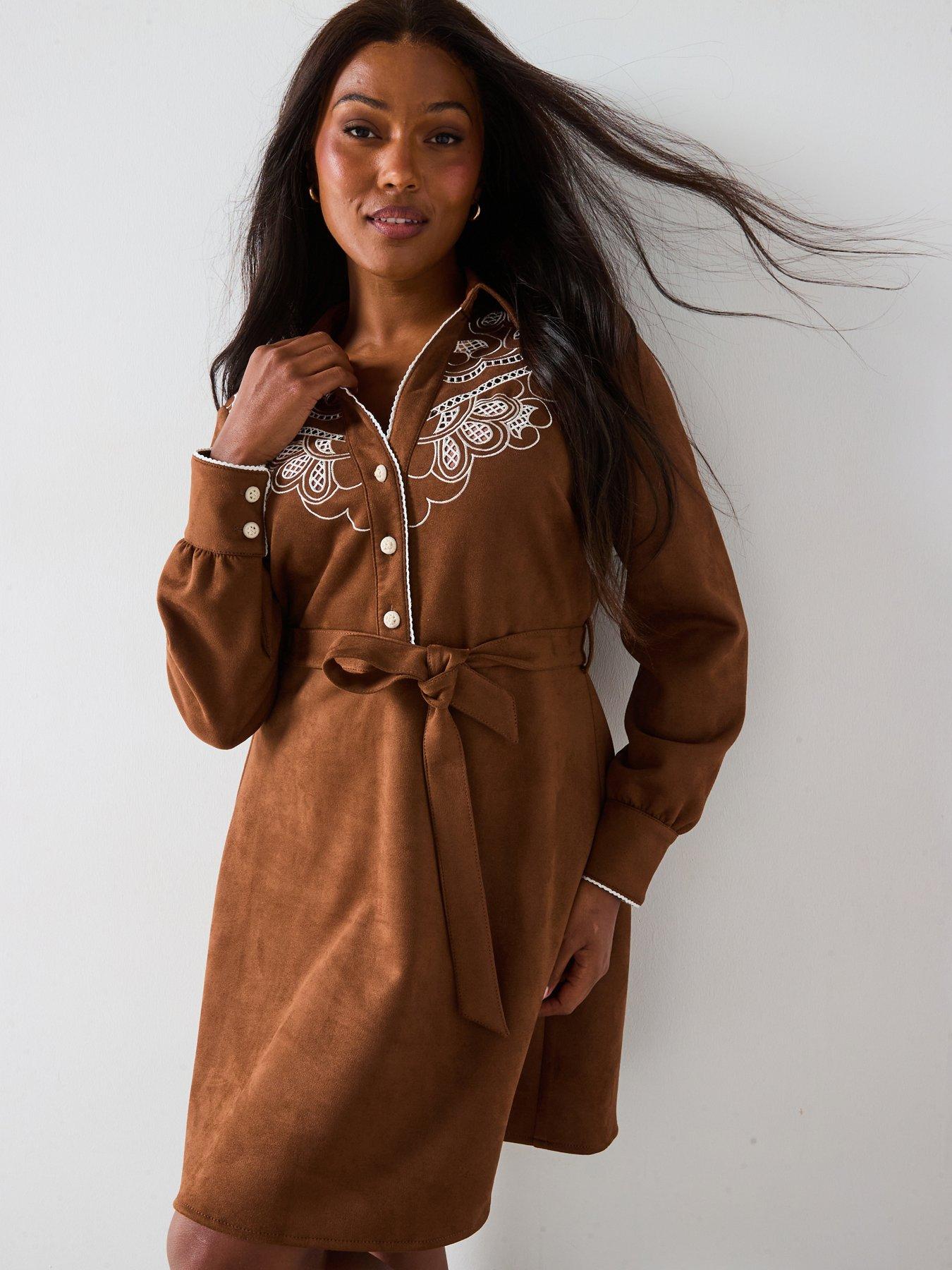 undefined Embroidered Faux Suede Mini Dress