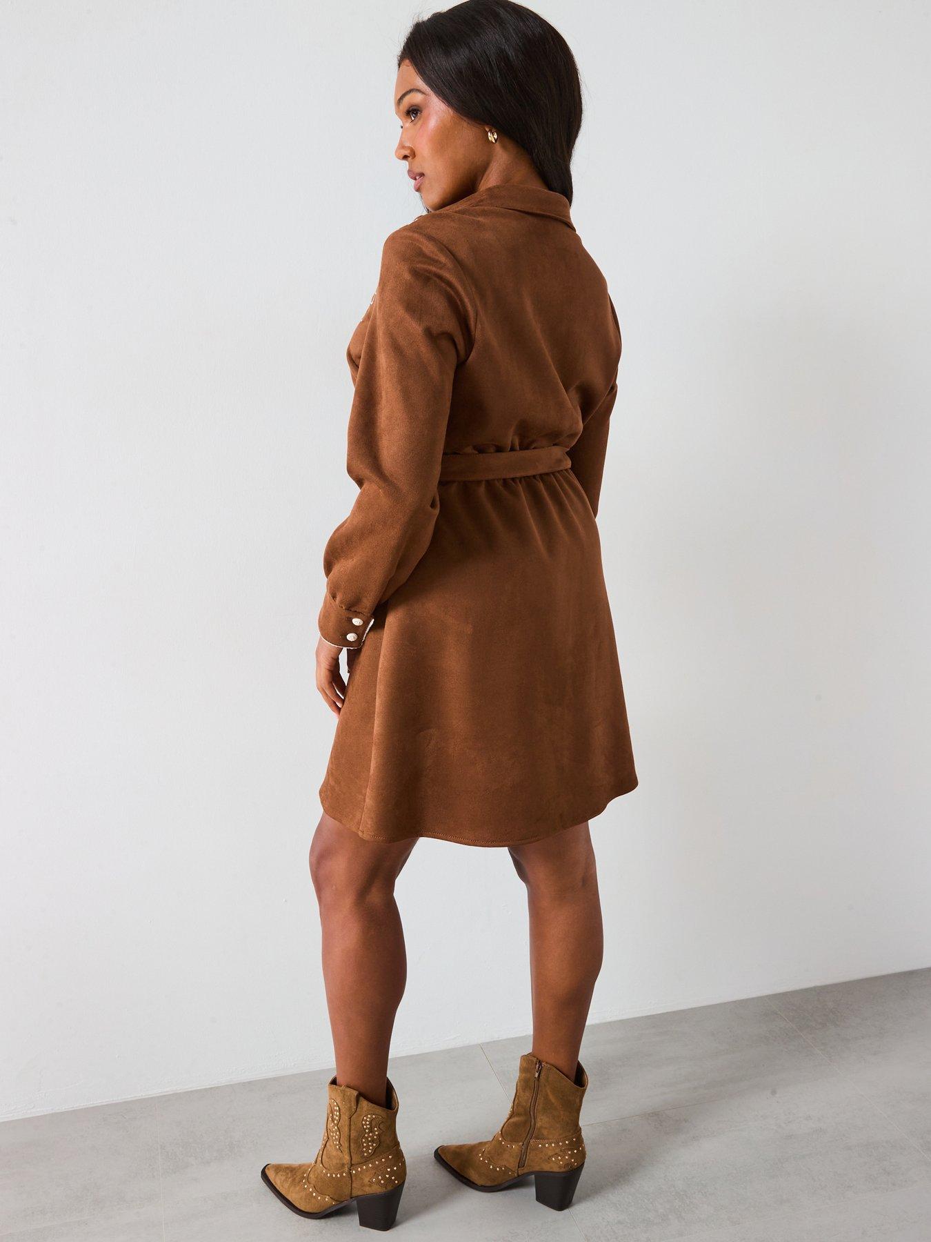 Faux Suede Mini Dress With V-Neck Ruffles Striped Cuffs Puffy Sleeves For Boho Women main image 0
