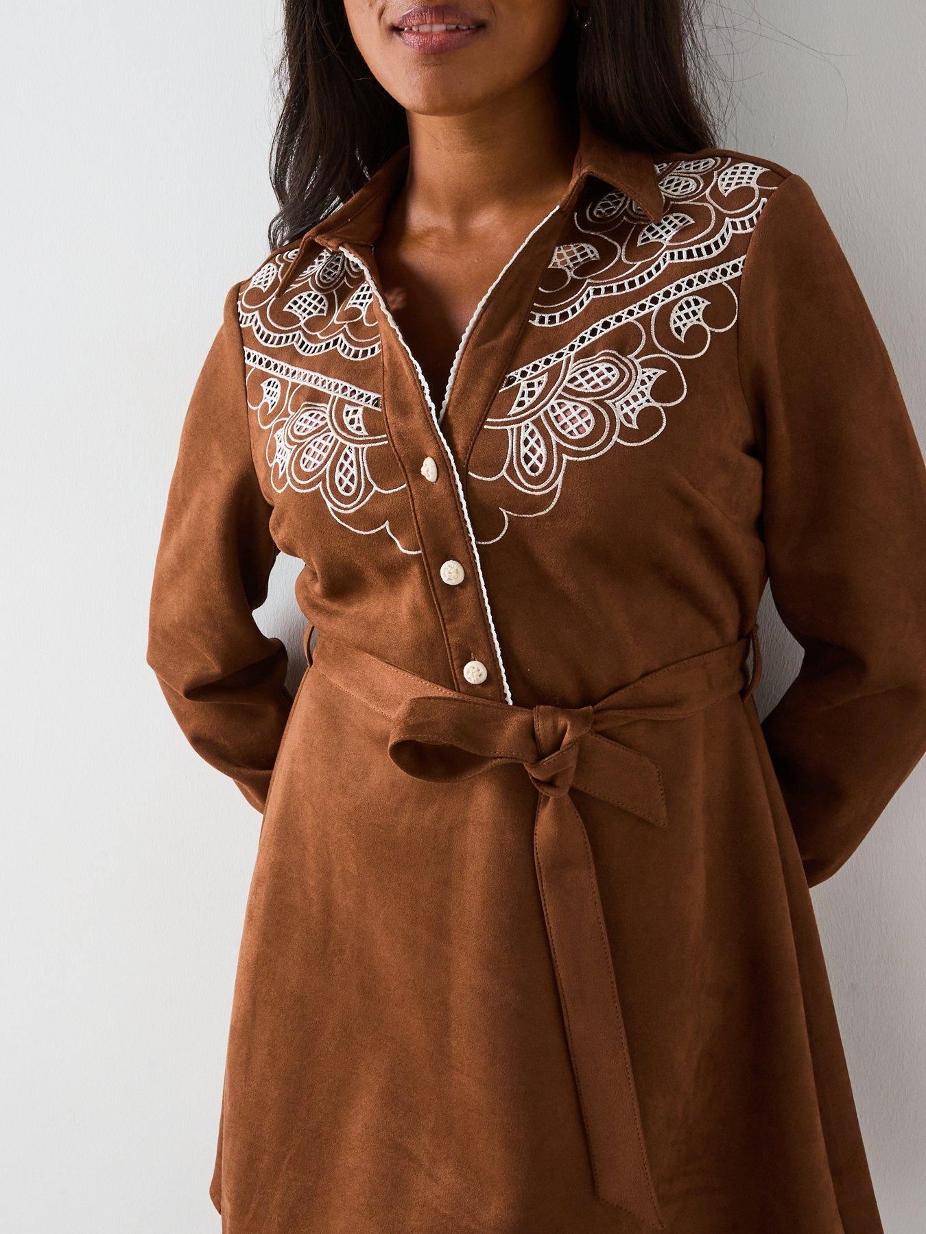 V by Very Curve Embroidered Faux Suede Mini Dress - Beige | Very