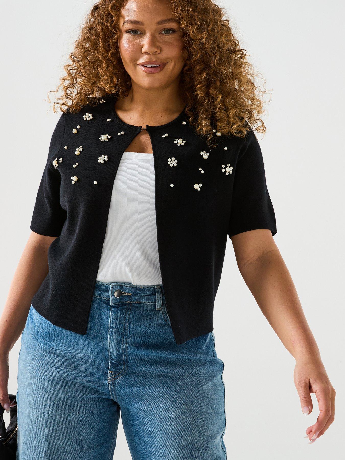 undefined Embellished Short Sleeve Cardigan - Black
