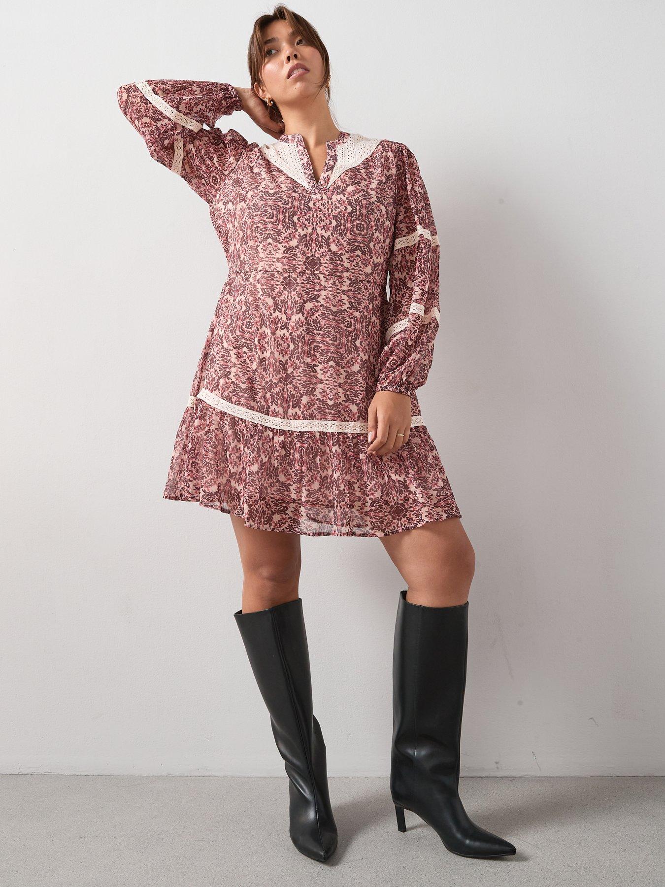 V by Very Curve Lace Insert Frill Mini Dress - Print