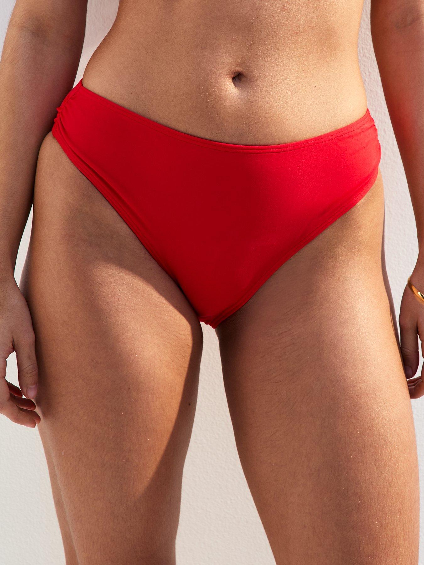 Image 4 of 4 of New Look Red Ruched Side High Leg Bikini Bottoms