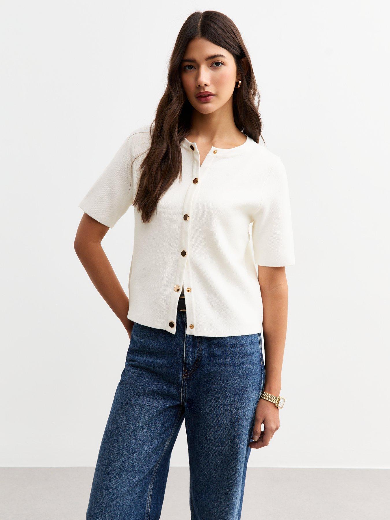 undefined Cream Compact Knit Short Sleeve Cardigan