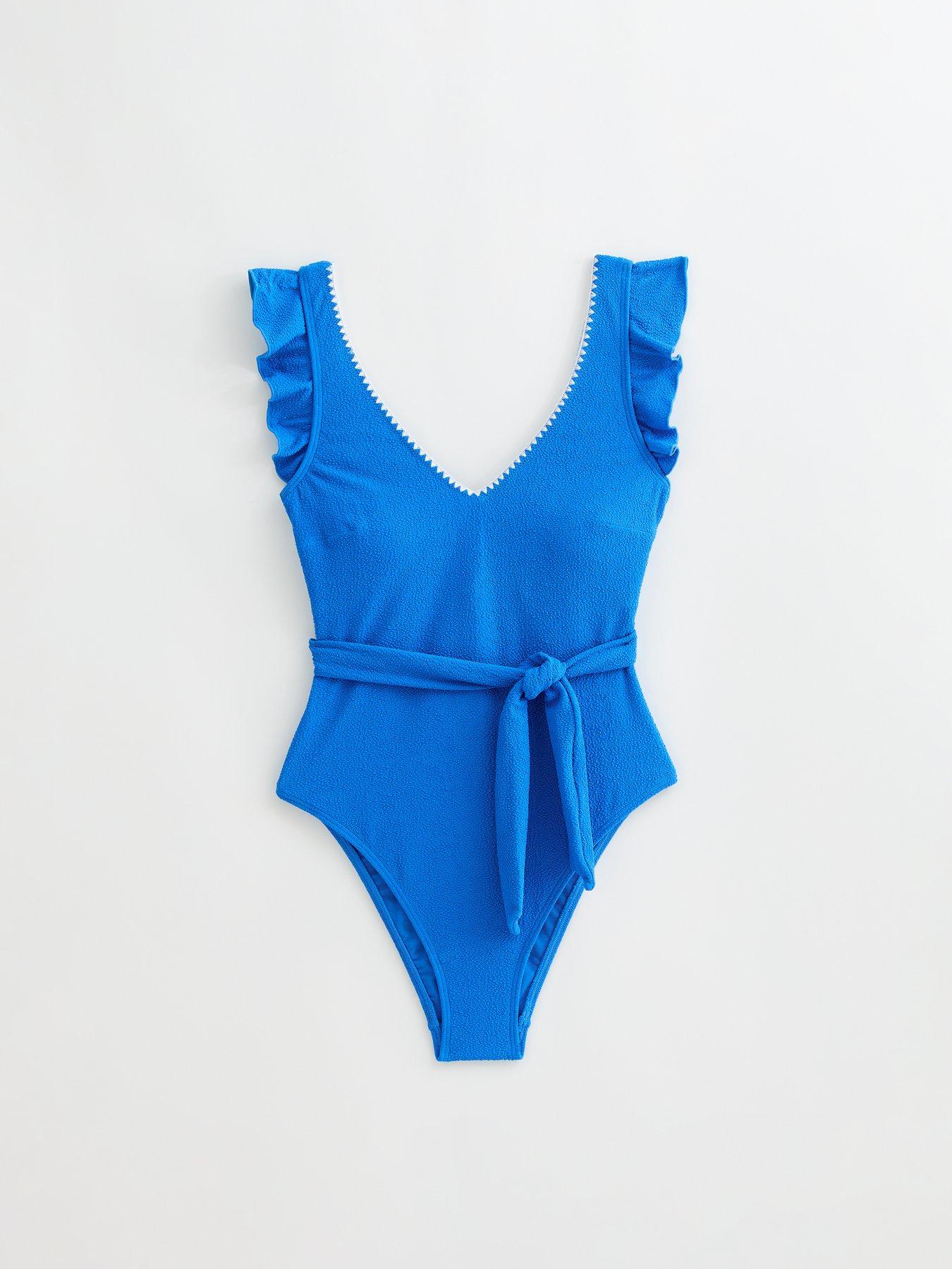 Image 5 of 5 of New Look Bright Blue Tummy Control Crinkle Textured Blanket Stitch Frill Sleeve Swimsuit