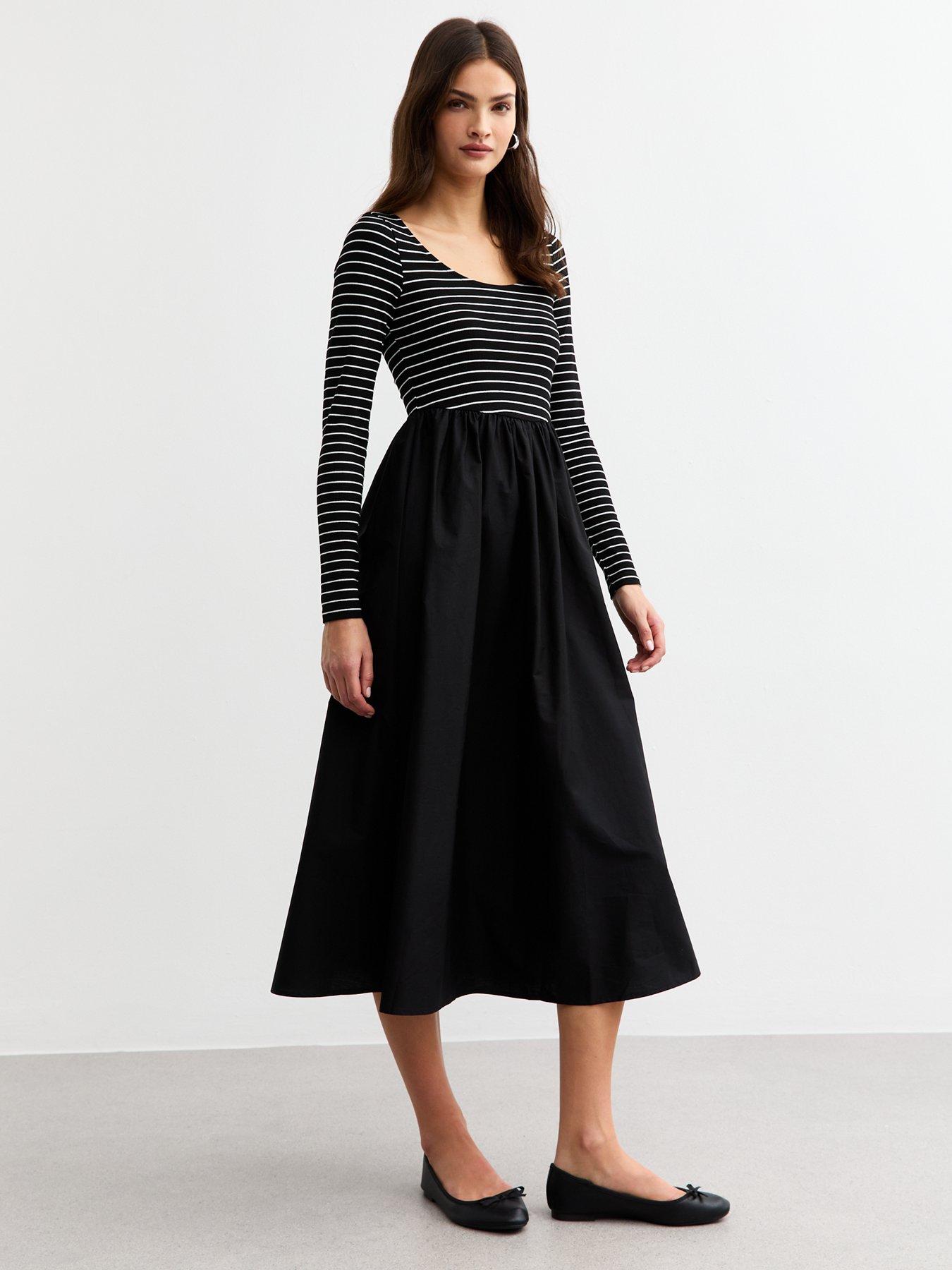 undefined Black Stripe Print Poplin Midi Dress