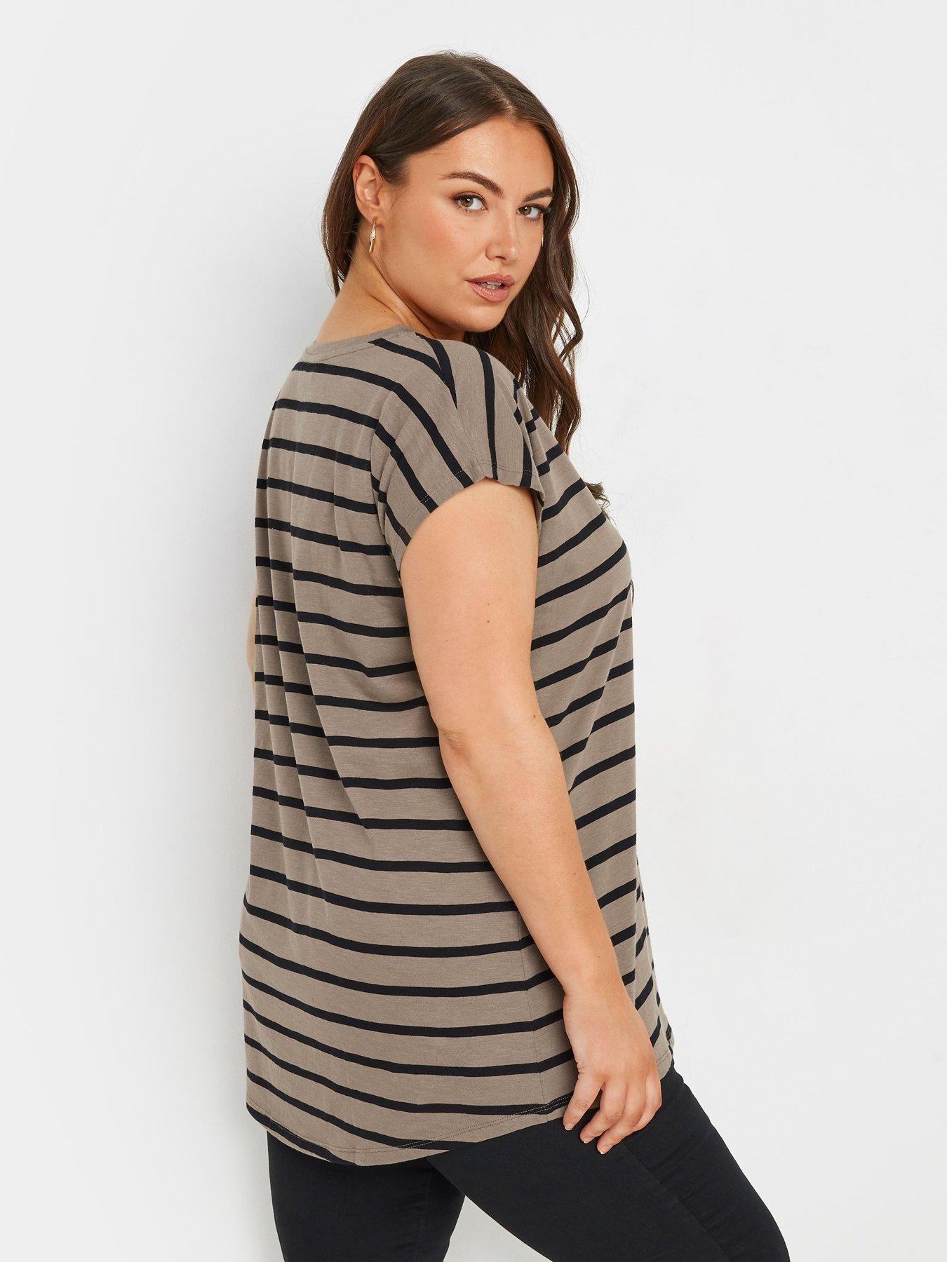 Image 2 of 4 of Yours Curve Grown On Sleeve Stripe T-shirt - Brown