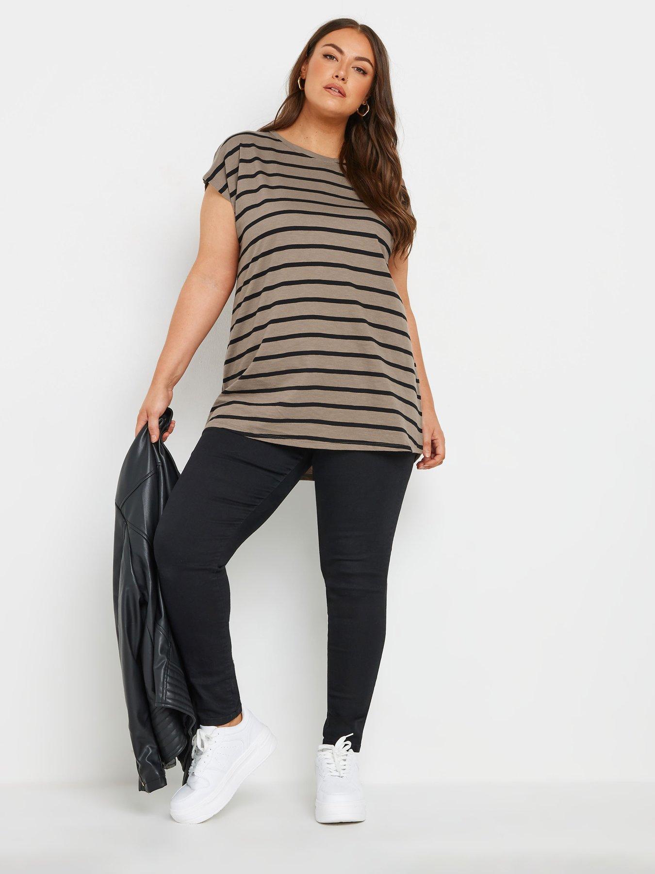Image 3 of 4 of Yours Curve Grown On Sleeve Stripe T-shirt - Brown