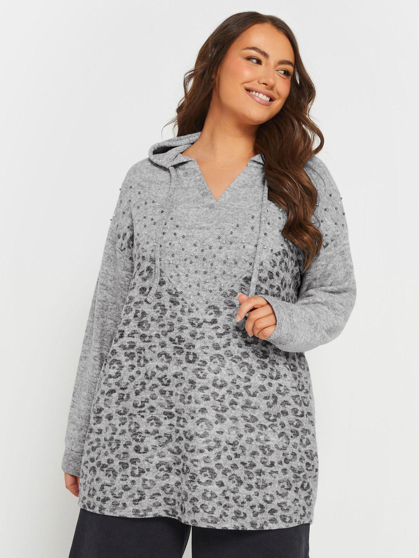 Image 1 of 4 of Yours Curve Leopard Print Stud Hoodie - Grey