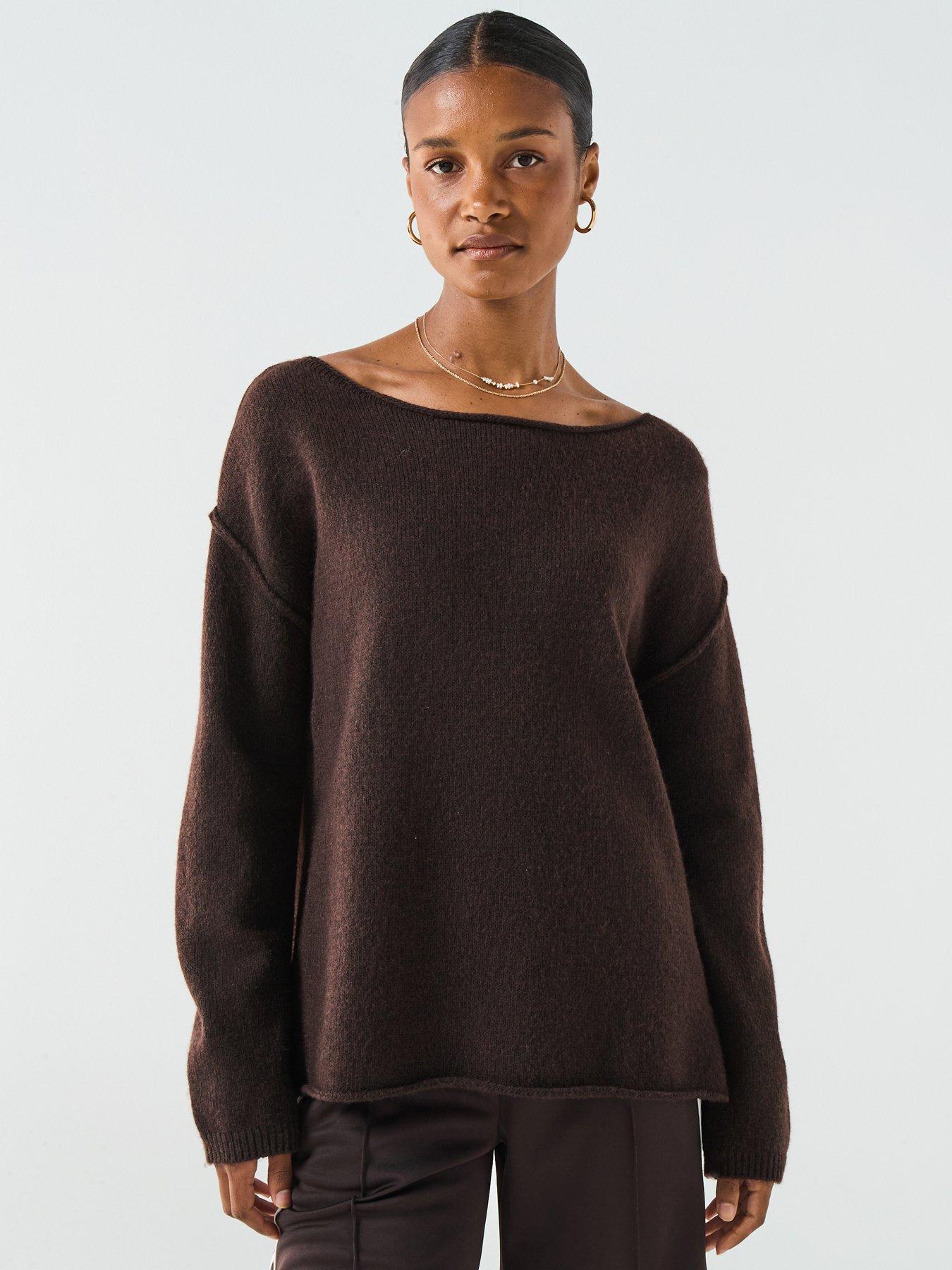 V by Very Timeless Yarn Off The Shoulder Knitted Jumper - Brown