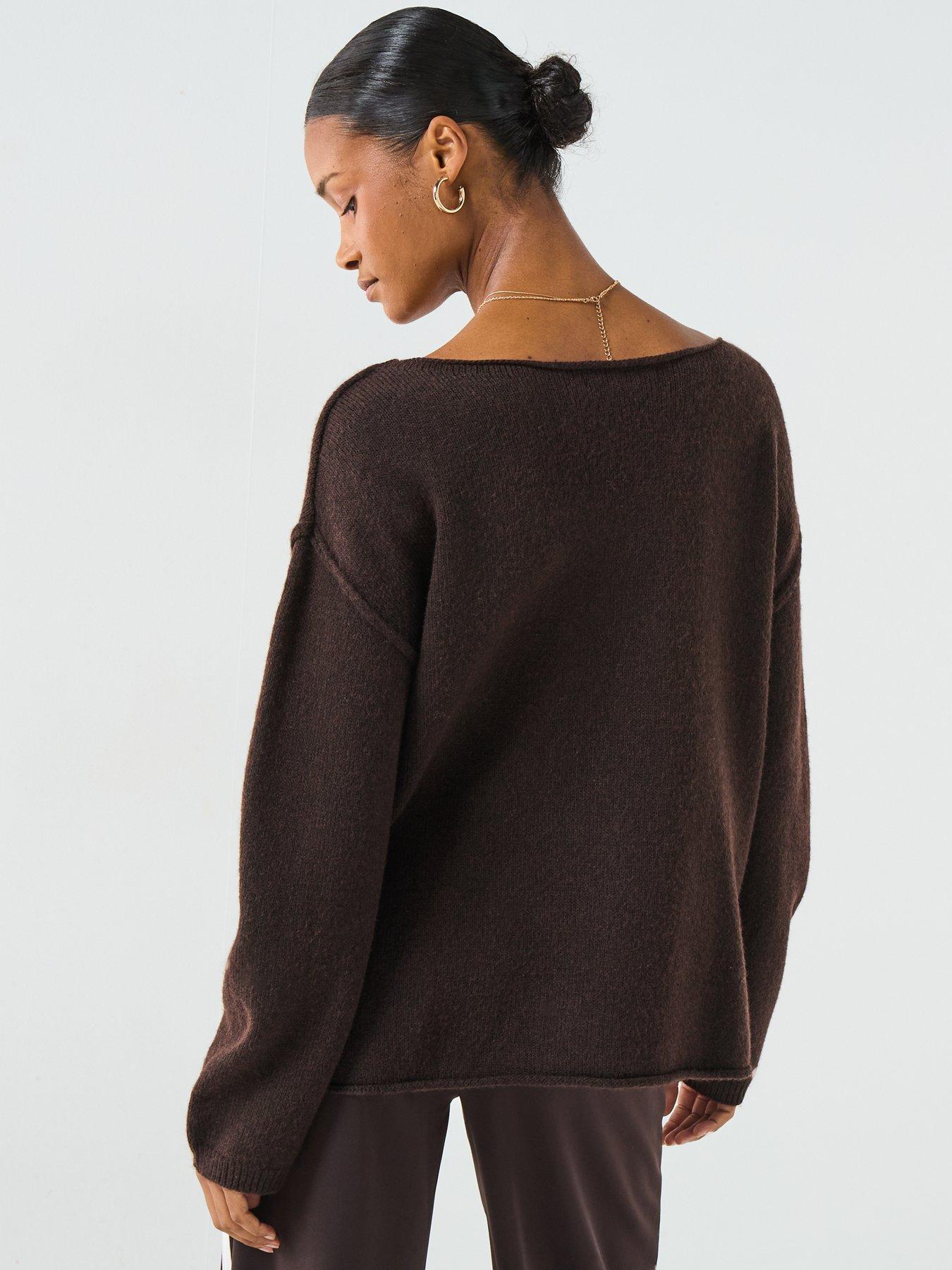 Image 2 of 6 of V by Very Timeless Yarn Off The Shoulder Knitted Jumper - Brown