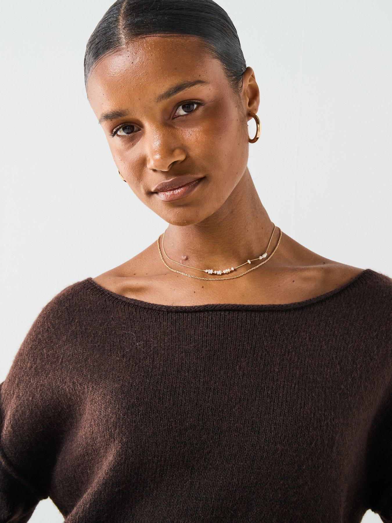 Image 4 of 6 of V by Very Timeless Yarn Off The Shoulder Knitted Jumper - Brown