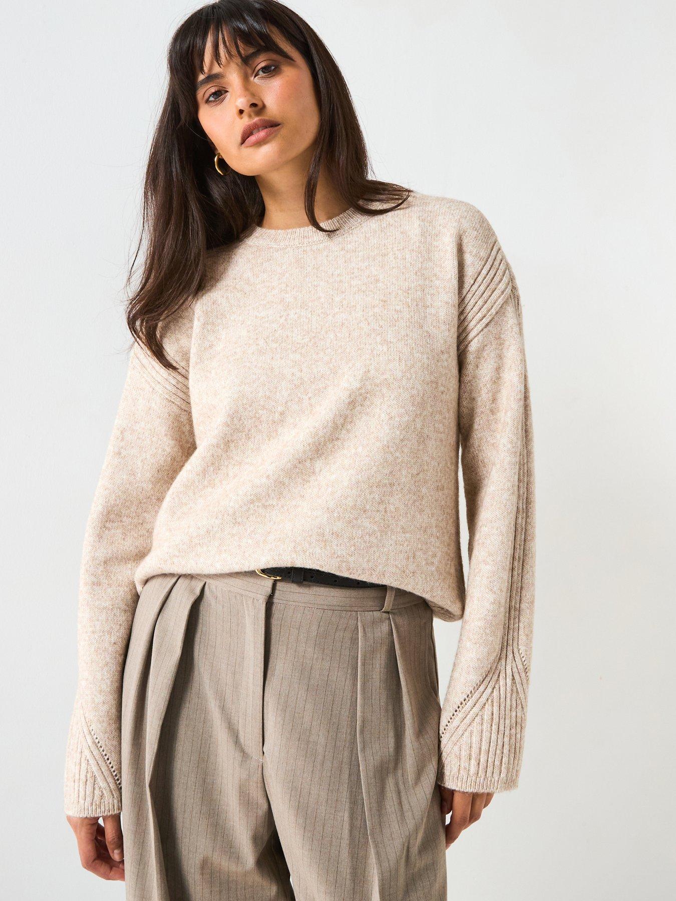 undefined Crew Neck Rib Detail Knitted Jumper - Beige