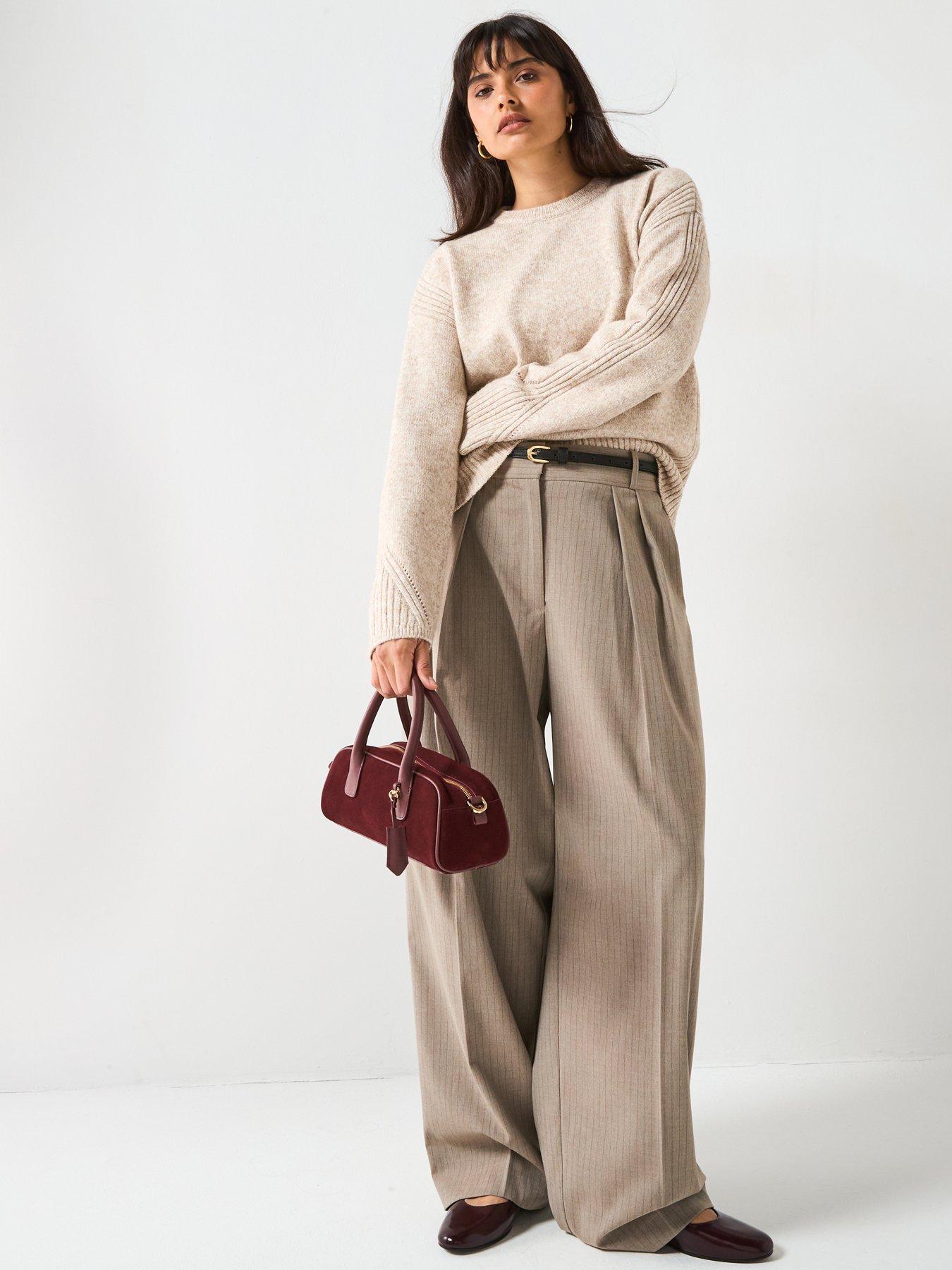 Image 3 of 6 of V by Very Timeless Yarn Crew Neck Rib Detail Knitted Jumper - Beige