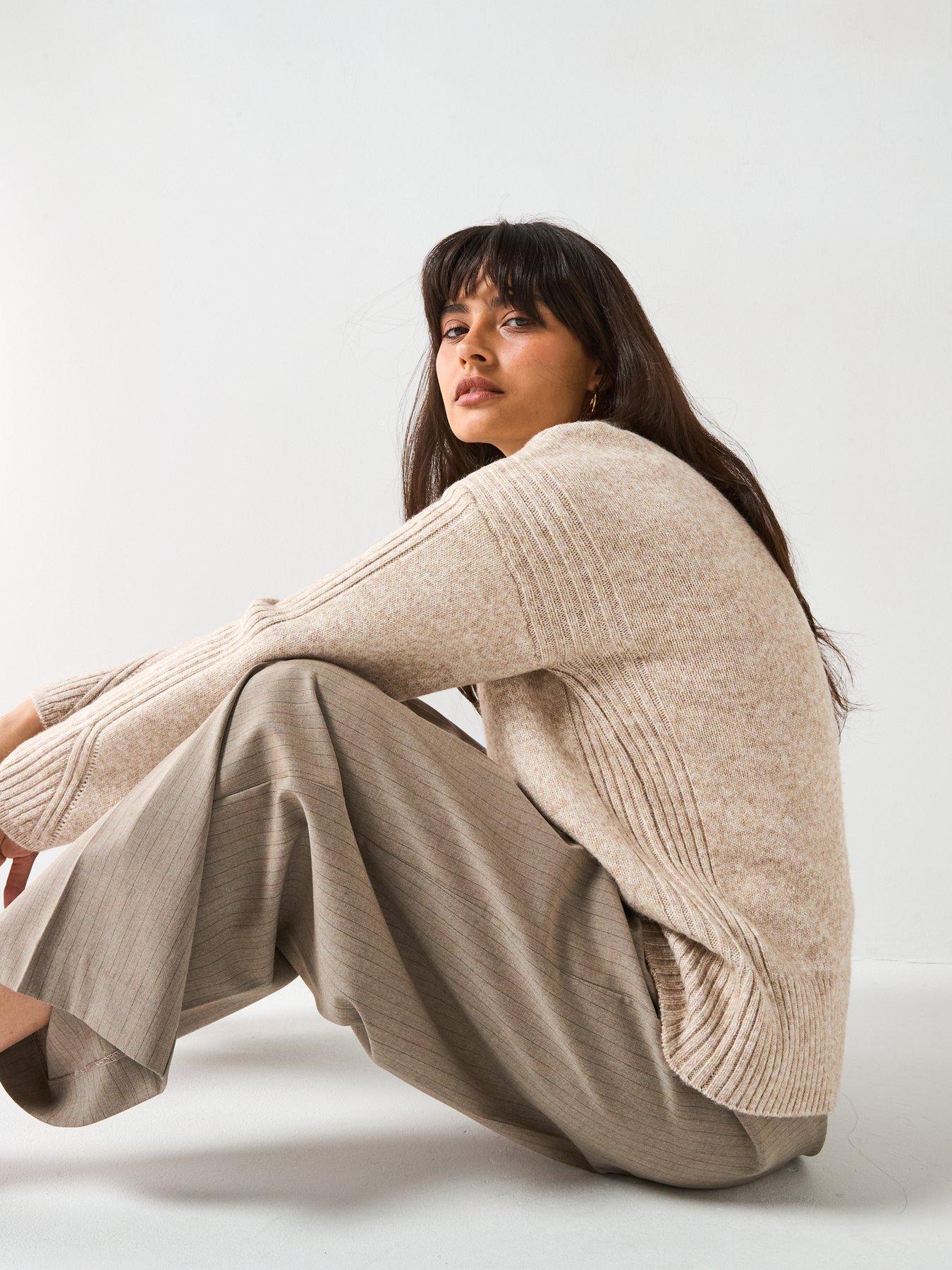 Image 4 of 6 of V by Very Timeless Yarn Crew Neck Rib Detail Knitted Jumper - Beige